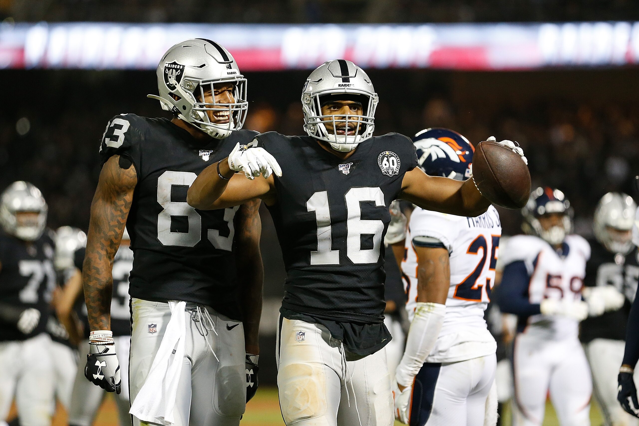 OAKLAND, CALIFORNIA - SEPTEMBER 09: Tyrell Williams #16 of the Oakland Raiders reacts after making a play for first down in the fourth quarter against the Denver Broncos at RingCentral Coliseum on September 09, 2019 in Oakland, California. (Photo by Lachl