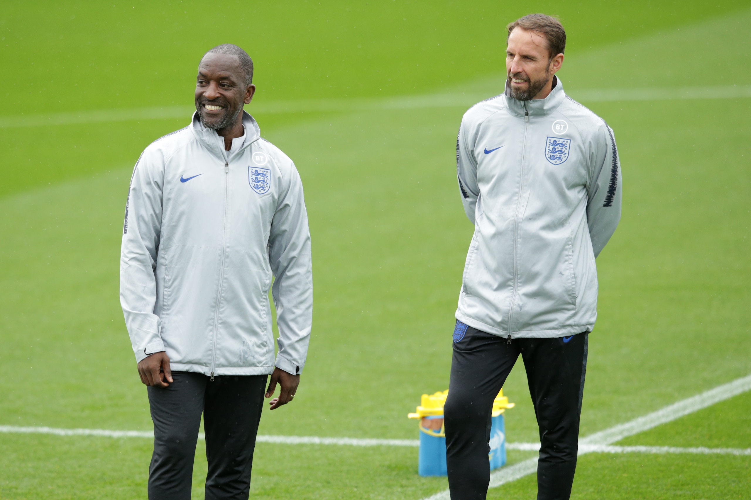 SOUTHAMPTON, ENGLAND - SEPTEMBER 09: Chris Powell with Gareth Southgate of England during a training session at Staplewood on September 09, 2019 in Southampton, England. (Photo by Robin Jones/Getty Images) SOUTHAMPTON, ENGLAND - SEPTEMBER 09: Chris Powell with Gareth Southgate of England during a training session at Staplewood on September 09, 2019 in Southampton, England. (Photo by Robin Jones/Getty Images)