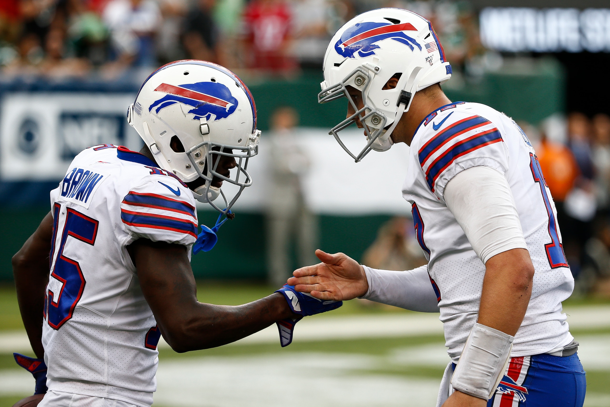 EAST RUTHERFORD, NJ - SEPTEMBER 8: John Brown #15 of the Buffalo Bills celebrates a touchdown with Josh Allen #17 against the New York Jets at MetLife Stadium on September 8, 2019 in East Rutherford, New Jersey. (Photo by Jeff Zelevansky/Getty Images) EAST RUTHERFORD, NJ - SEPTEMBER 8: John Brown #15 of the Buffalo Bills celebrates a touchdown with Josh Allen #17 against the New York Jets at MetLife Stadium on September 8, 2019 in East Rutherford, New Jersey. (Photo by Jeff Zelevansky/Getty Images)