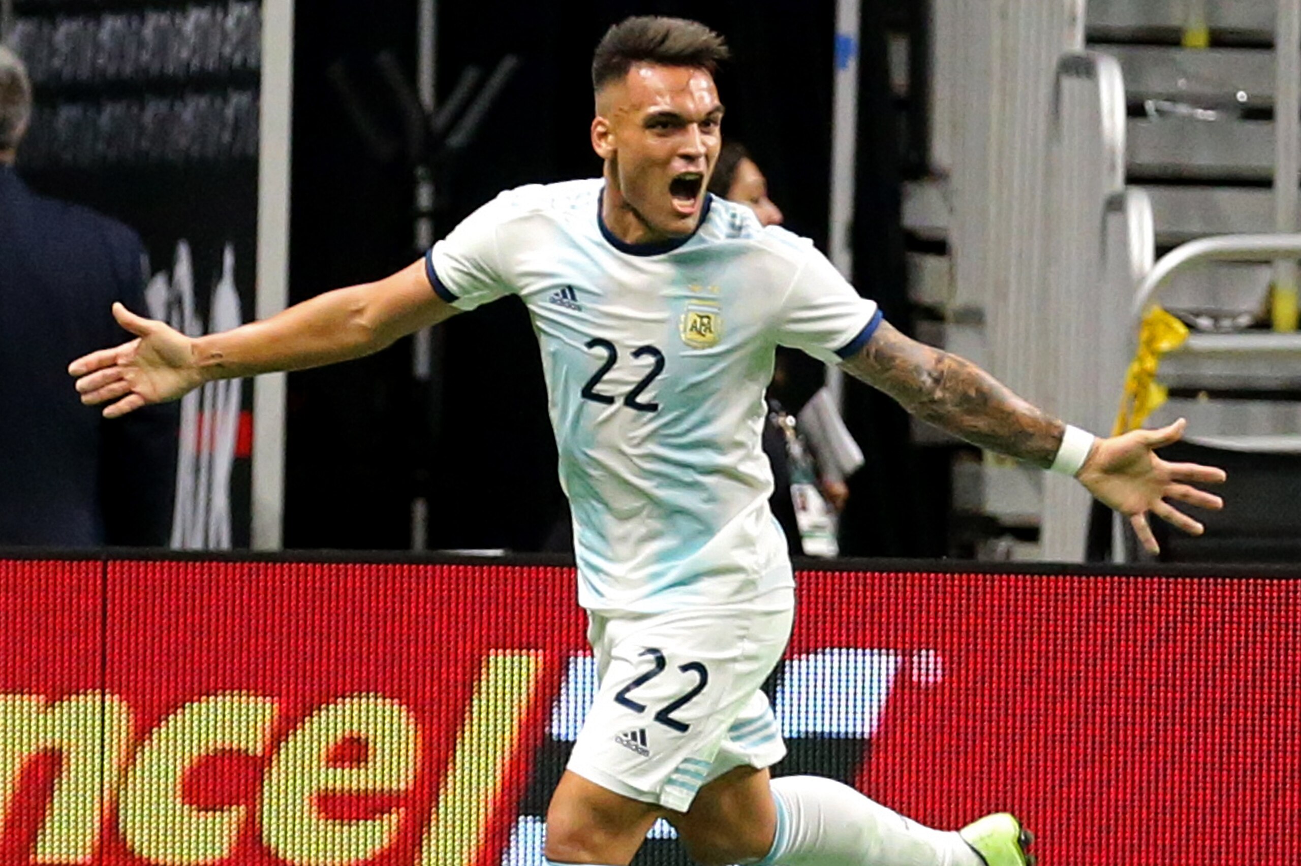 SAN ANTONIO, TX - SEPTEMBER 10: Lautaro Martinez #22 of Argentina celebrates after scoring a goal against Mexico during the International Friendly soccer match at the Alamodome on September 10, 2019 in San Antonio, Texas. (Photo by Edward A. Ornelas/Getty