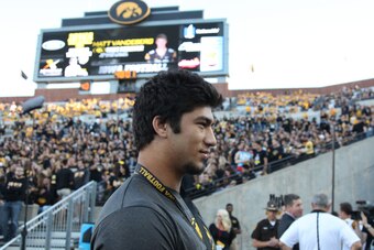 IOWA CITY, IA - SEPTEMBER 19:  2017  Top defensive end recruit A.J. Epenesa, of Edwardsville IL, makes an official visit during the match-up between the Iowa Hawkeyes and the Pittsburgh Panthers on September 19, 2015 at Kinnick Stadium, in Iowa City, Iowa