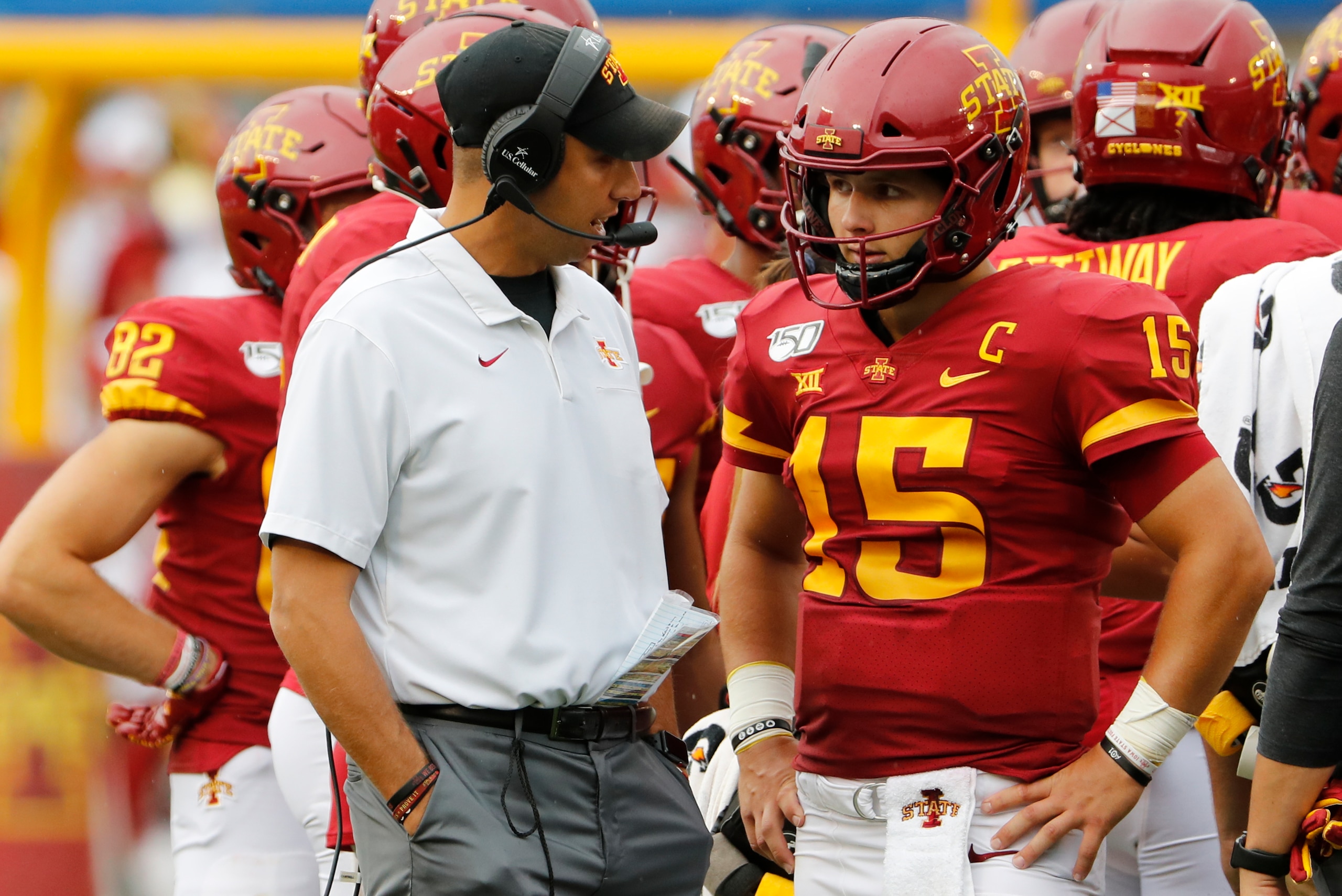 AMES, IA - AUGUST 31: Head coach Matt Campbell of the Iowa State Cyclones talks with quarterback Brock Purdy #15 of the Iowa State Cyclones during a time out in the second half of play at Jack Trice Stadium on August 31, 2019 in Ames, Iowa. The Iowa State AMES, IA - AUGUST 31: Head coach Matt Campbell of the Iowa State Cyclones talks with quarterback Brock Purdy #15 of the Iowa State Cyclones during a time out in the second half of play at Jack Trice Stadium on August 31, 2019 in Ames, Iowa. The Iowa State