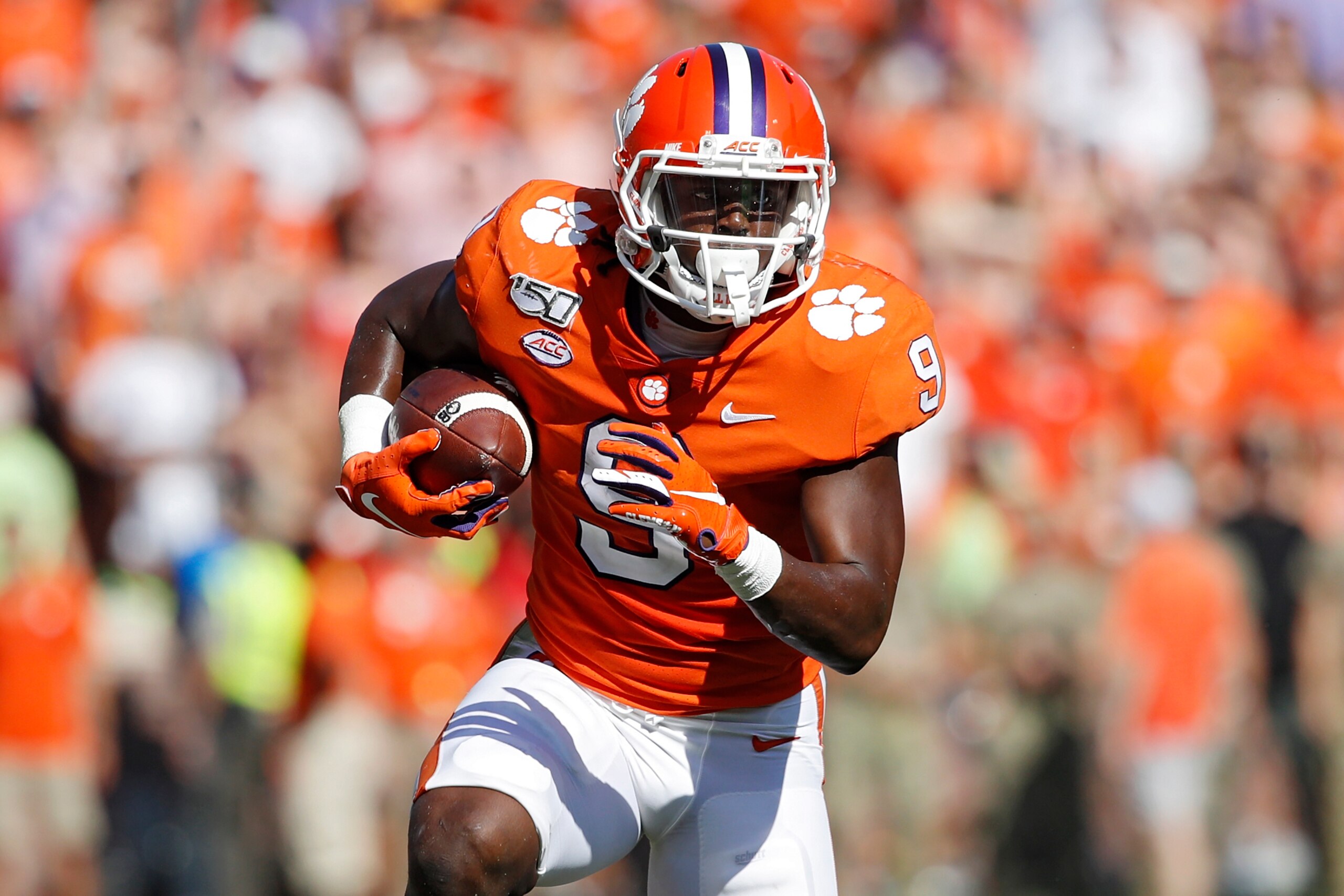 CLEMSON, SC - SEPTEMBER 07: Travis Etienne #9 of the Clemson Tigers runs with the ball during a game against the Texas A&M Aggies at Memorial Stadium on September 7, 2019 in Clemson, South Carolina. Clemson defeated Texas A&M 24-10. (Photo by Joe Robbins/ CLEMSON, SC - SEPTEMBER 07: Travis Etienne #9 of the Clemson Tigers runs with the ball during a game against the Texas A&M Aggies at Memorial Stadium on September 7, 2019 in Clemson, South Carolina. Clemson defeated Texas A&M 24-10. (Photo by Joe Robbins/