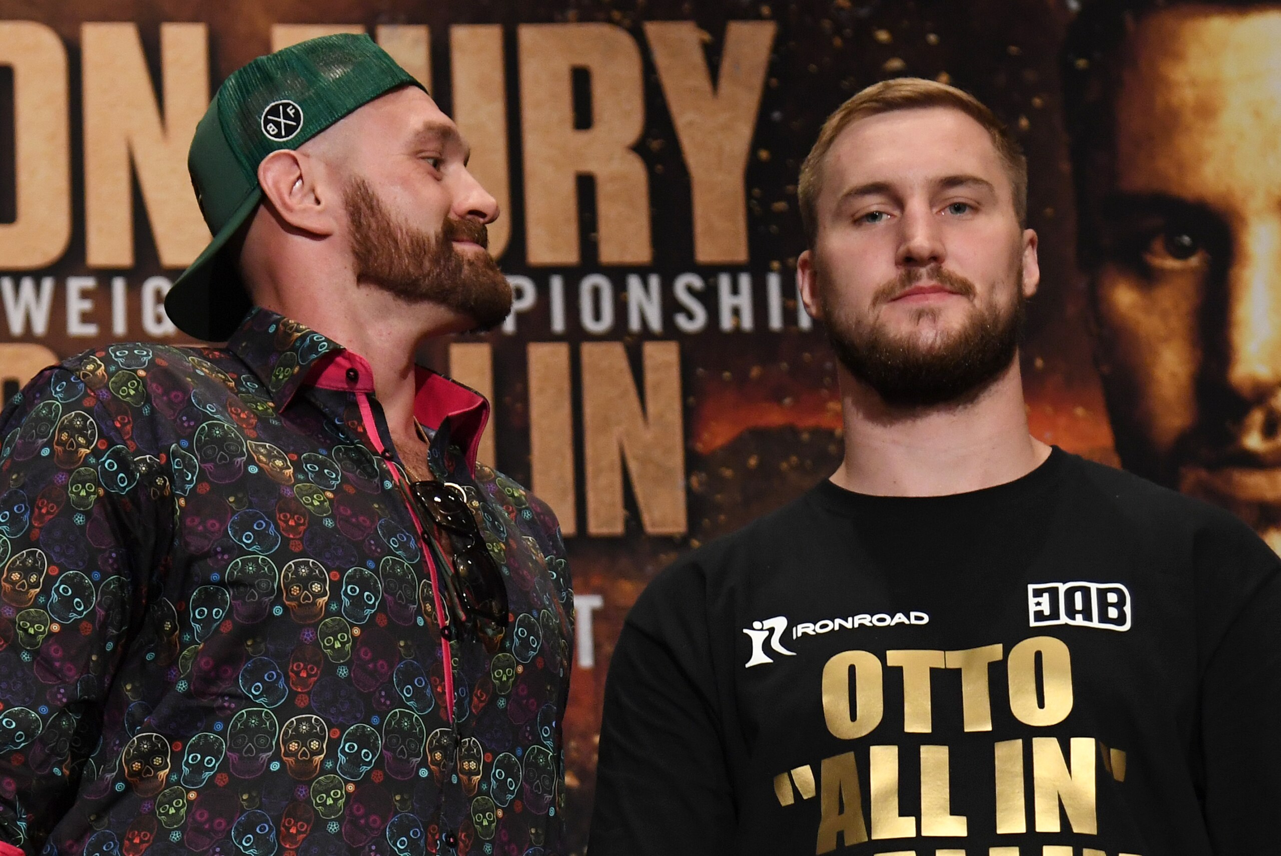 LAS VEGAS, NEVADA - SEPTEMBER 11:  Boxers Tyson Fury (L) and Otto Wallin joke around as they pose during a news conference at MGM Grand Hotel & Casino on September 11, 2019 in Las Vegas, Nevada. The two will meet in a heavyweight bout on September 14 at T