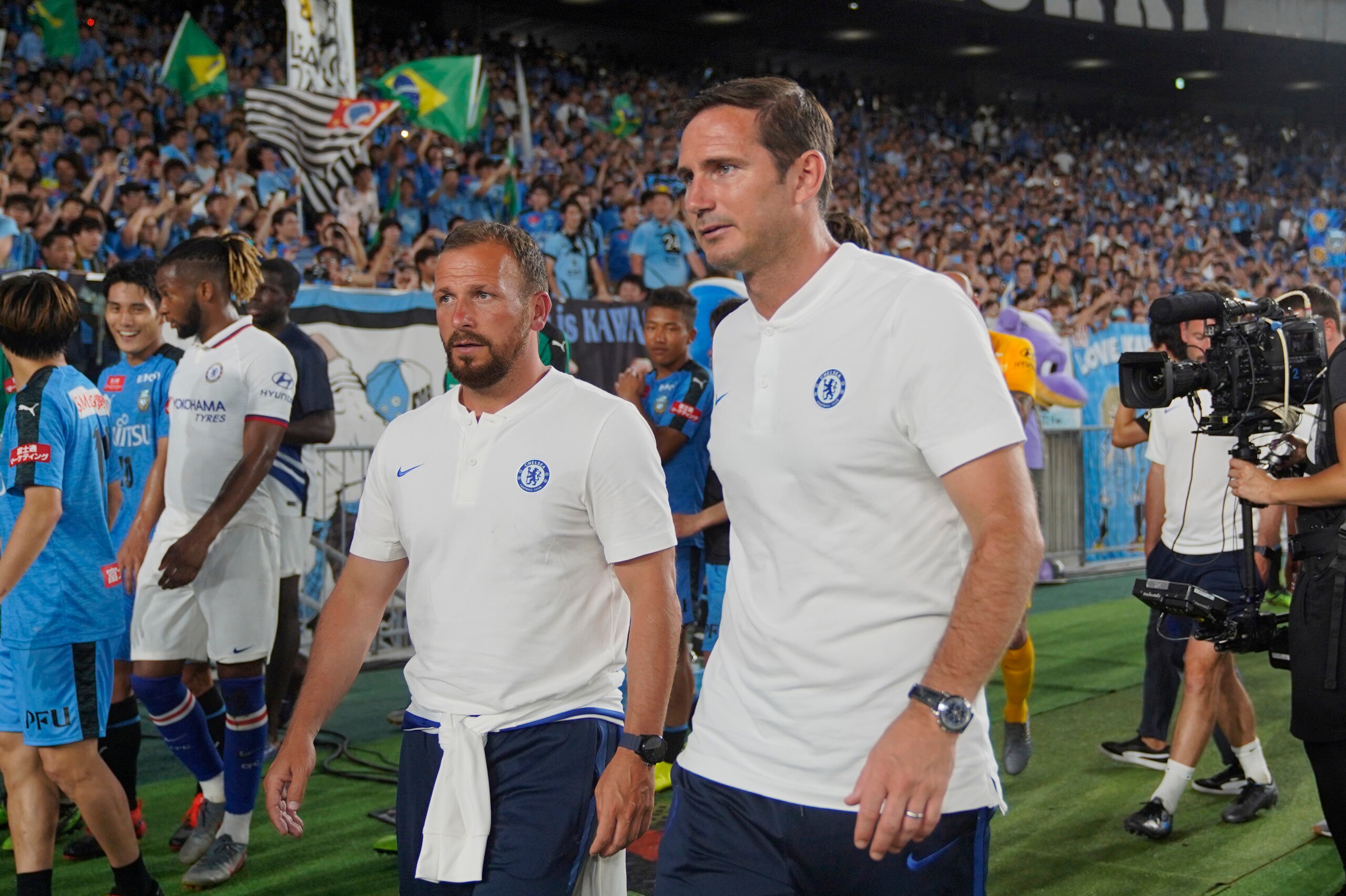 YOKOHAMA, JAPAN - JULY 19: Chelsea manager Frank Lampard and coach Jody Morris after the preseason friendly match between Kawasaki Frontale and Chelsea at Nissan Stadium on July 19, 2019 in Yokohama, Kanagawa, Japan. (Photo by Toru Hanai/Getty Images)