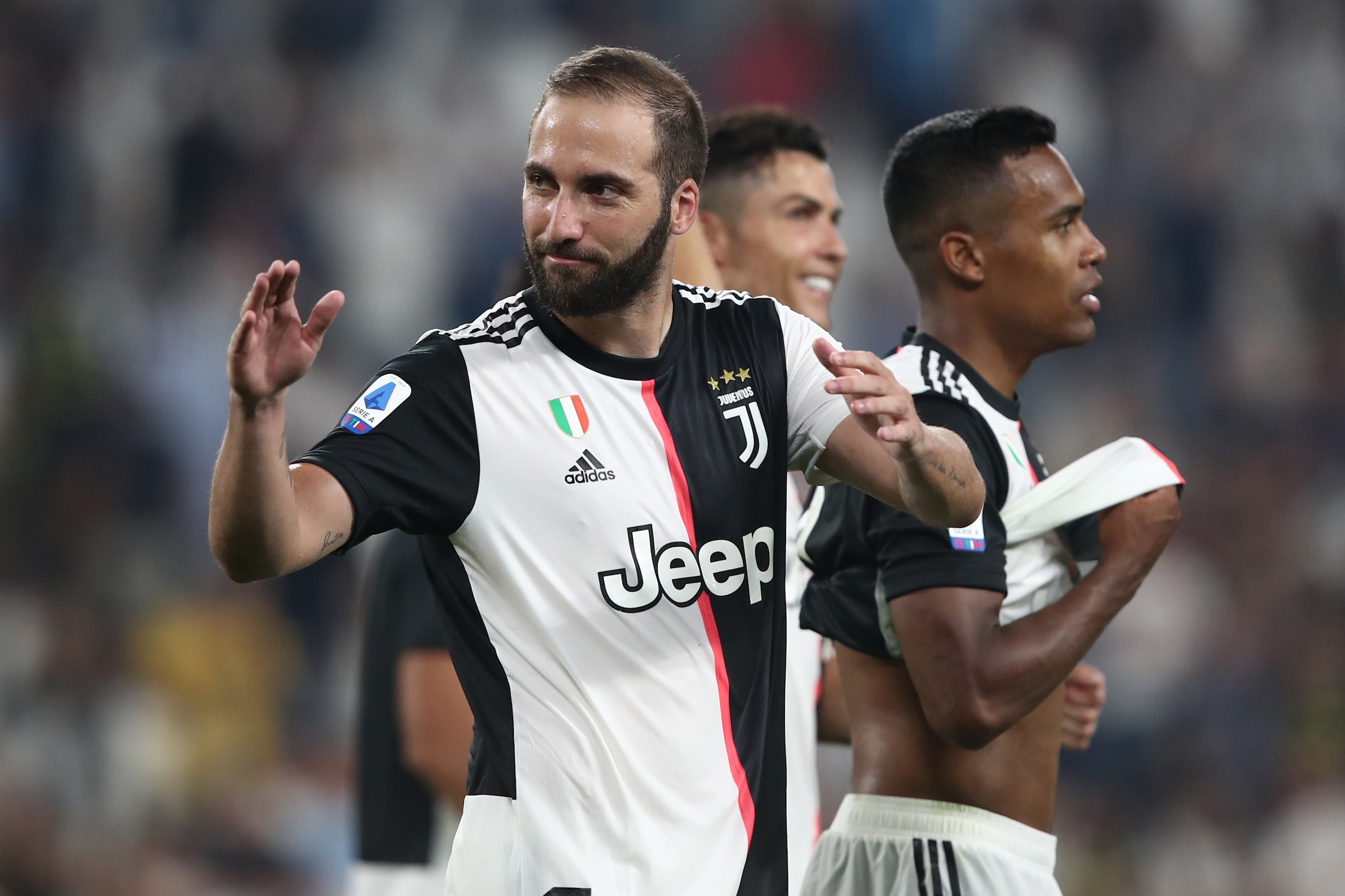 Juventus' Argentinian forward Gonzalo Higuain celebrates at the end of during the Italian Serie A football match Juventus vs Napoli on August 31, 2019 at the Juventus stadium in Turin. (Photo by Isabella Bonotto / AFP)        (Photo credit should read ISA