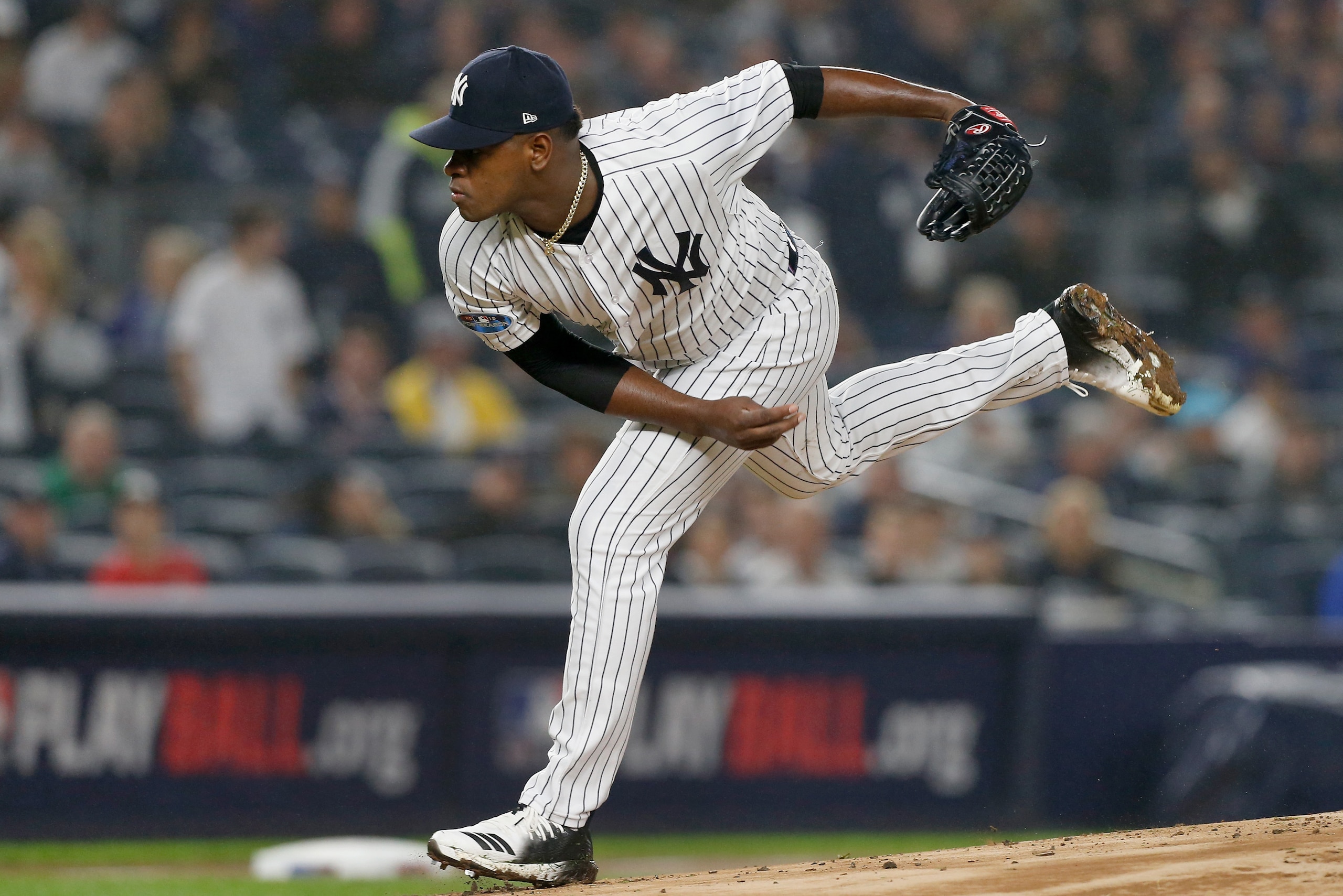 NEW YORK, NY - OCTOBER 08: (NEW YORK DAILIES OUT) Luis Severino #40 of the New York Yankees in action against the Boston Red Sox in Game Three of the American League Division Series at Yankee Stadium on October 8, 2018 in the Bronx borough of New York NEW YORK, NY - OCTOBER 08: (NEW YORK DAILIES OUT) Luis Severino #40 of the New York Yankees in action against the Boston Red Sox in Game Three of the American League Division Series at Yankee Stadium on October 8, 2018 in the Bronx borough of New York