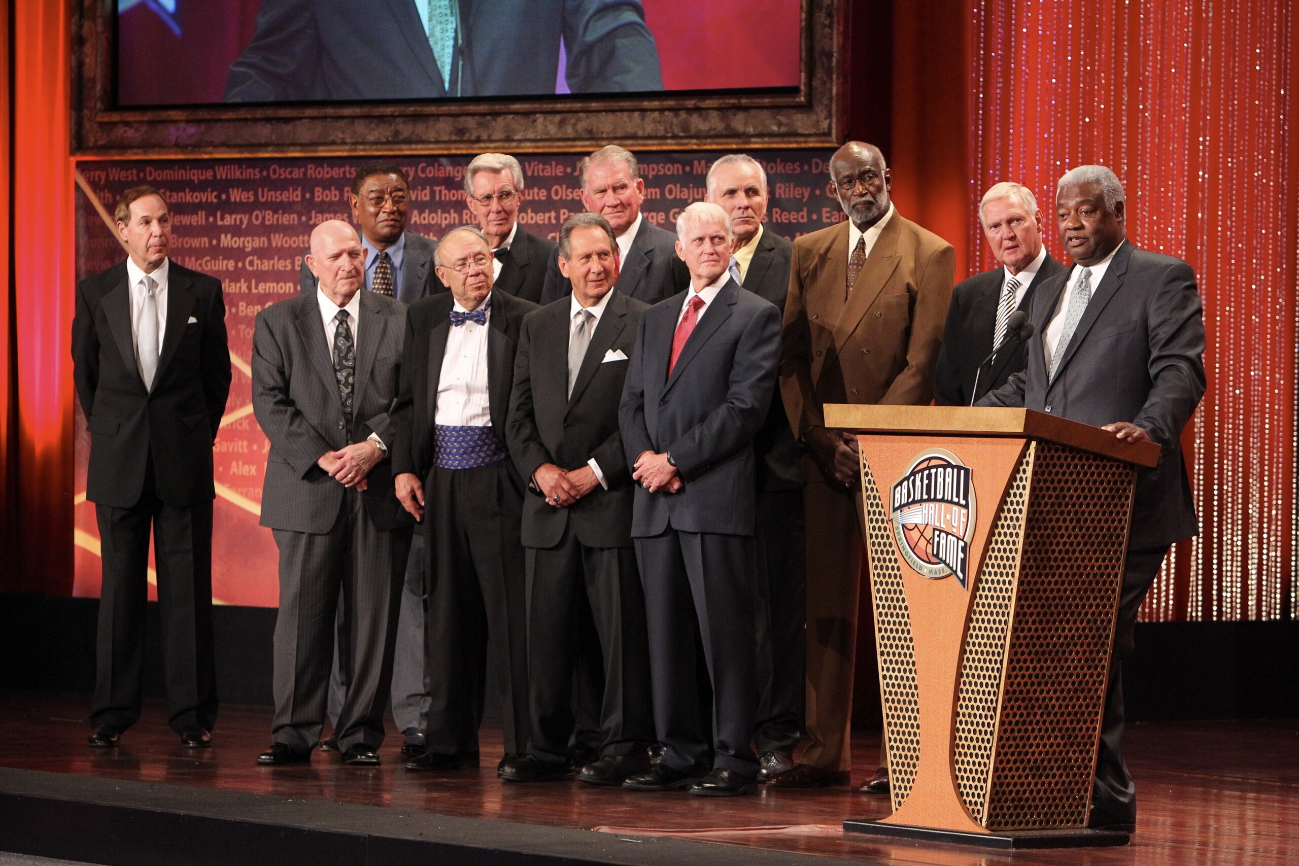 SPRINGFIELD, MA - AUGUST 13: Hall of Fame Oscar Robertson speaks on behalf of the 1960 USA Olympic Team during the Basketball Hall of Fame Class of 2010 Induction Ceremony at the Symphony Hall on August 13, 2010 in Springfield, Massachusetts.  NOTE TO USE