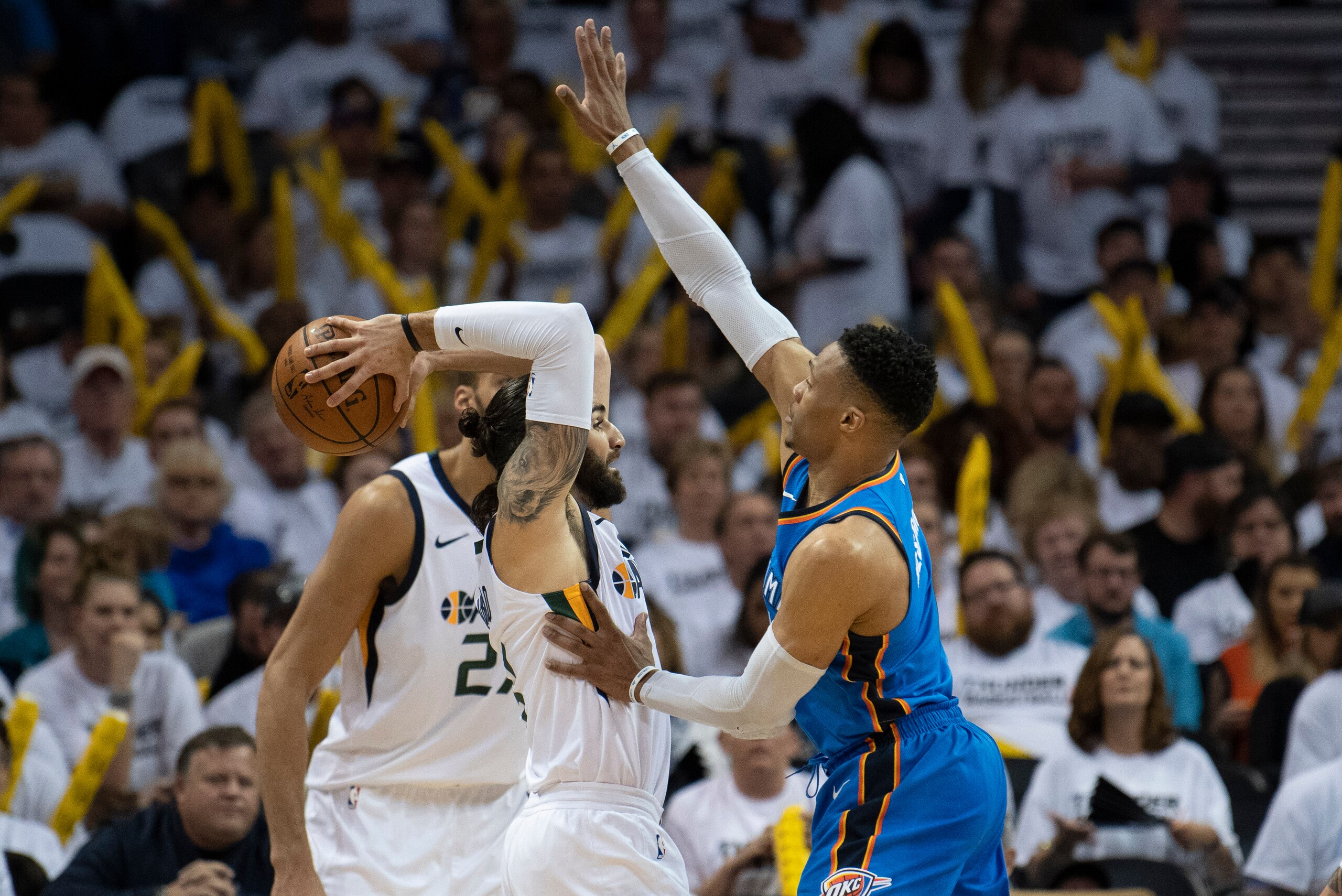 OKLAHOMA CITY, OK - APRIL 25: Russell Westbrook #0 of the Oklahoma City Thunder blocks Ricky Rubio #3 of the Utah Jazz  during the second half of game 5 of the Western Conference playoffs at the Chesapeake Energy Arena on April 25, 2018 in Oklahoma City, 