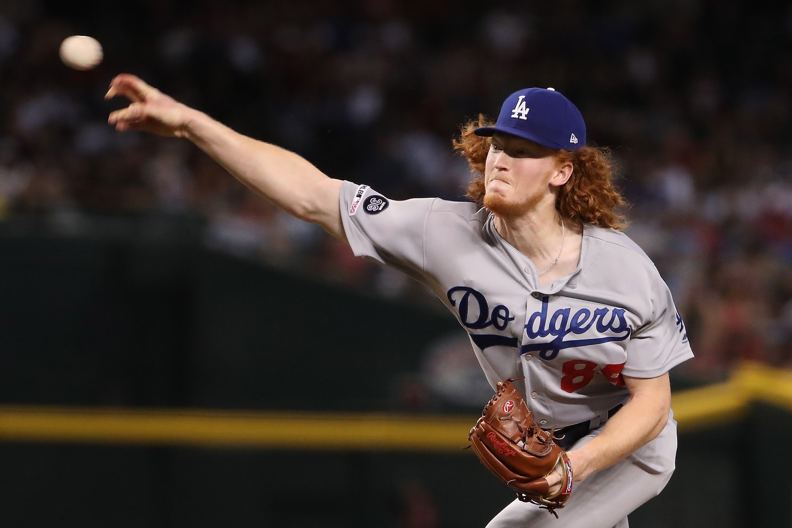 PHOENIX, ARIZONA - SEPTEMBER 01:  Relief pitcher Dustin May #85 of the Los Angeles Dodgers pitches against the Arizona Diamondbacks during the fourth inning of the MLB game at Chase Field on September 01, 2019 in Phoenix, Arizona. (Photo by Christian Pete