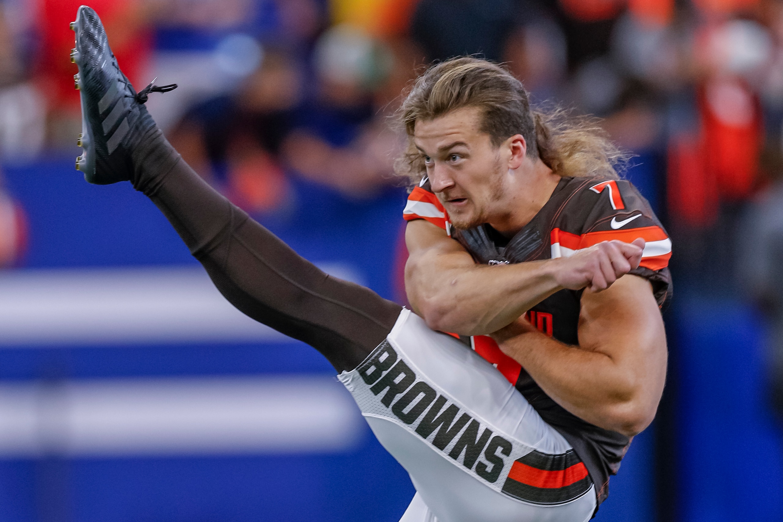 INDIANAPOLIS, IN - AUGUST 17: Jamie Gillan #7 of the Cleveland Browns is seen before the preseason game against the Indianapolis Colts at Lucas Oil Stadium on August 17, 2019 in Indianapolis, Indiana. (Photo by Michael Hickey/Getty Images)