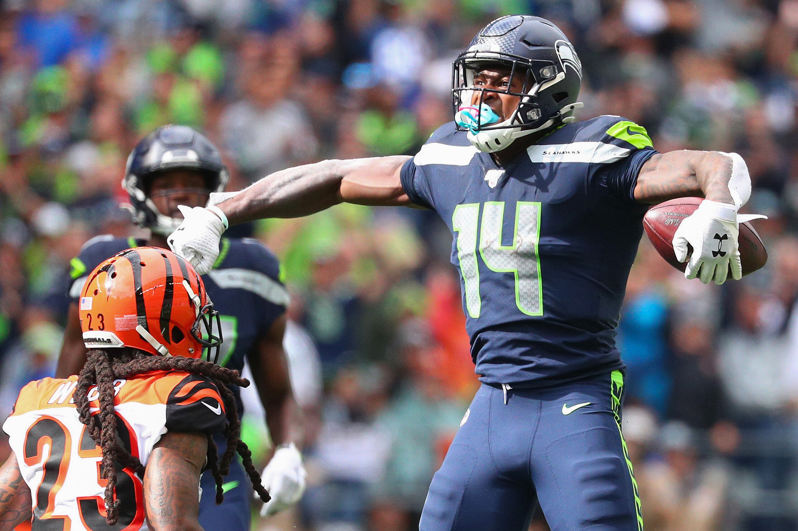 SEATTLE, WASHINGTON - SEPTEMBER 08: D.K. Metcalf #14 of the Seattle Seahawks celebrates after making a catch in the third quarter against the Cincinnati Bengals during their game at CenturyLink Field on September 08, 2019 in Seattle, Washington. (Photo by SEATTLE, WASHINGTON - SEPTEMBER 08: D.K. Metcalf #14 of the Seattle Seahawks celebrates after making a catch in the third quarter against the Cincinnati Bengals during their game at CenturyLink Field on September 08, 2019 in Seattle, Washington. (Photo by
