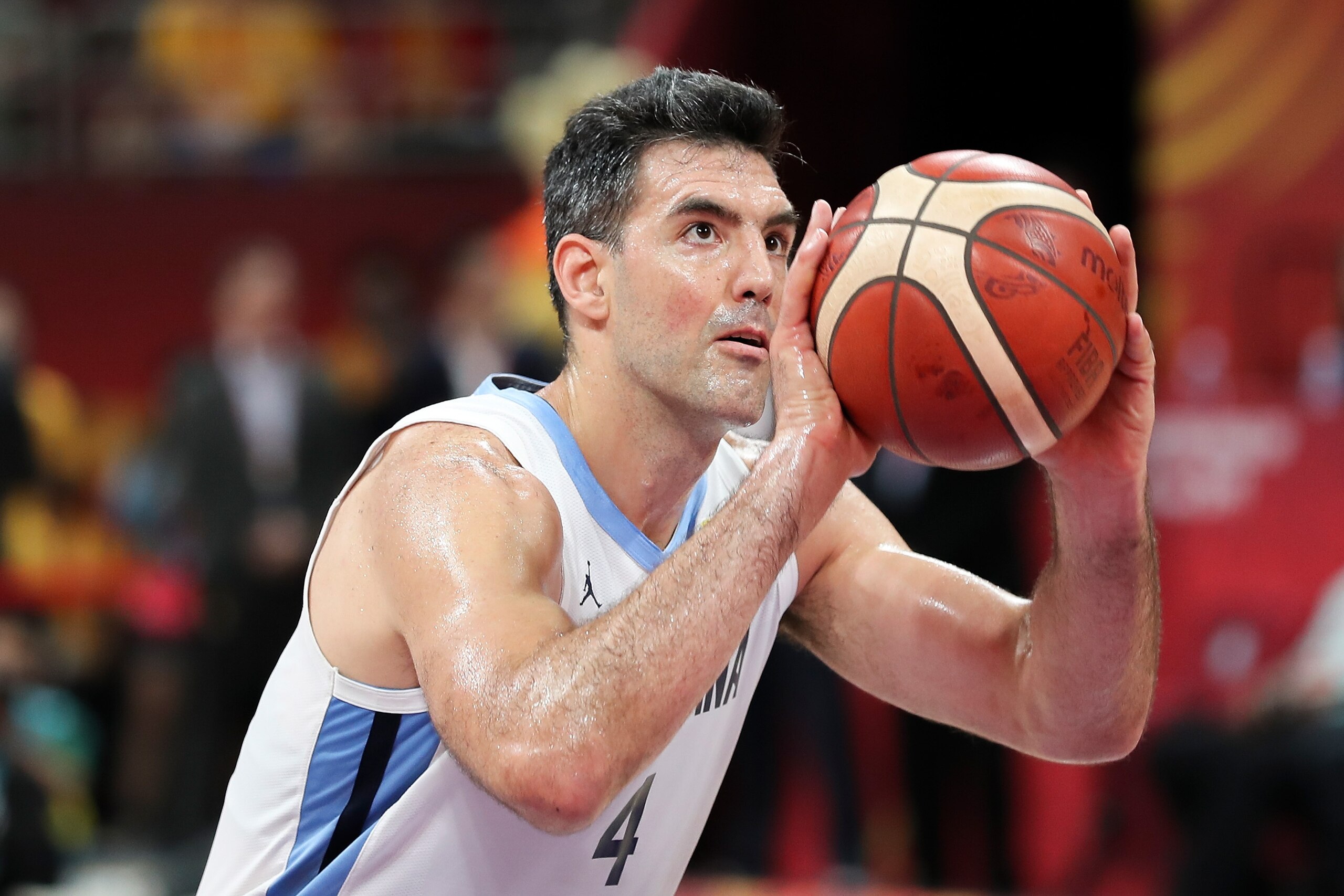 BEIJING, CHINA - SEPTEMBER 13:  Luis Scola #4 of Argentina in action during the semi-finals of 2019 FIBA World Cup match between Argentina and France at Beijing Wukesong Sport Arena on September 13, 2019 in Beijing, China. (Photo by Xinyu Cui/Getty Images