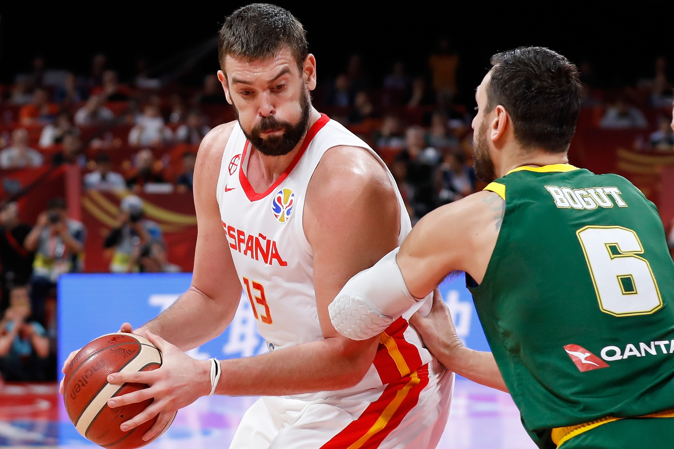BEIJING, CHINA - SEPTEMBER 13: Marc Gasol #13 of Spain in action during the semi-finals of 2019 FIBA World Cup match between Spain and Australia at Beijing Wukesong Sport Arena on September 13, 2019 in Beijing, China. (Photo by Xinyu Cui/Getty Images)