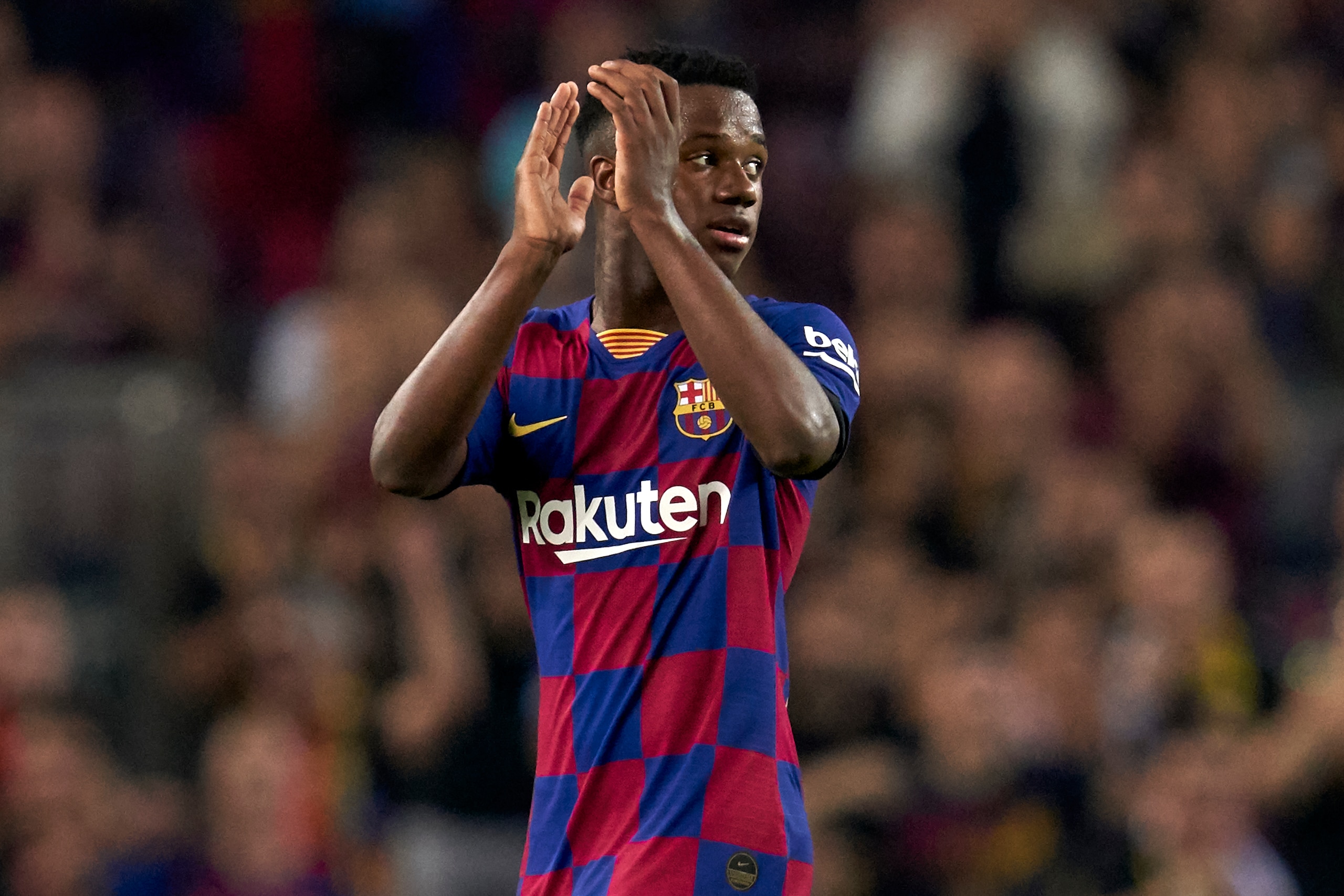 BARCELONA, SPAIN - SEPTEMBER 14: Ansu Fati of FC Barcelona acknowledges the supporters during the La Liga match between FC Barcelona and Valencia CF at Camp Nou on September 14, 2019 in Barcelona, Spain. (Photo by Quality Sport Images/Getty Images)