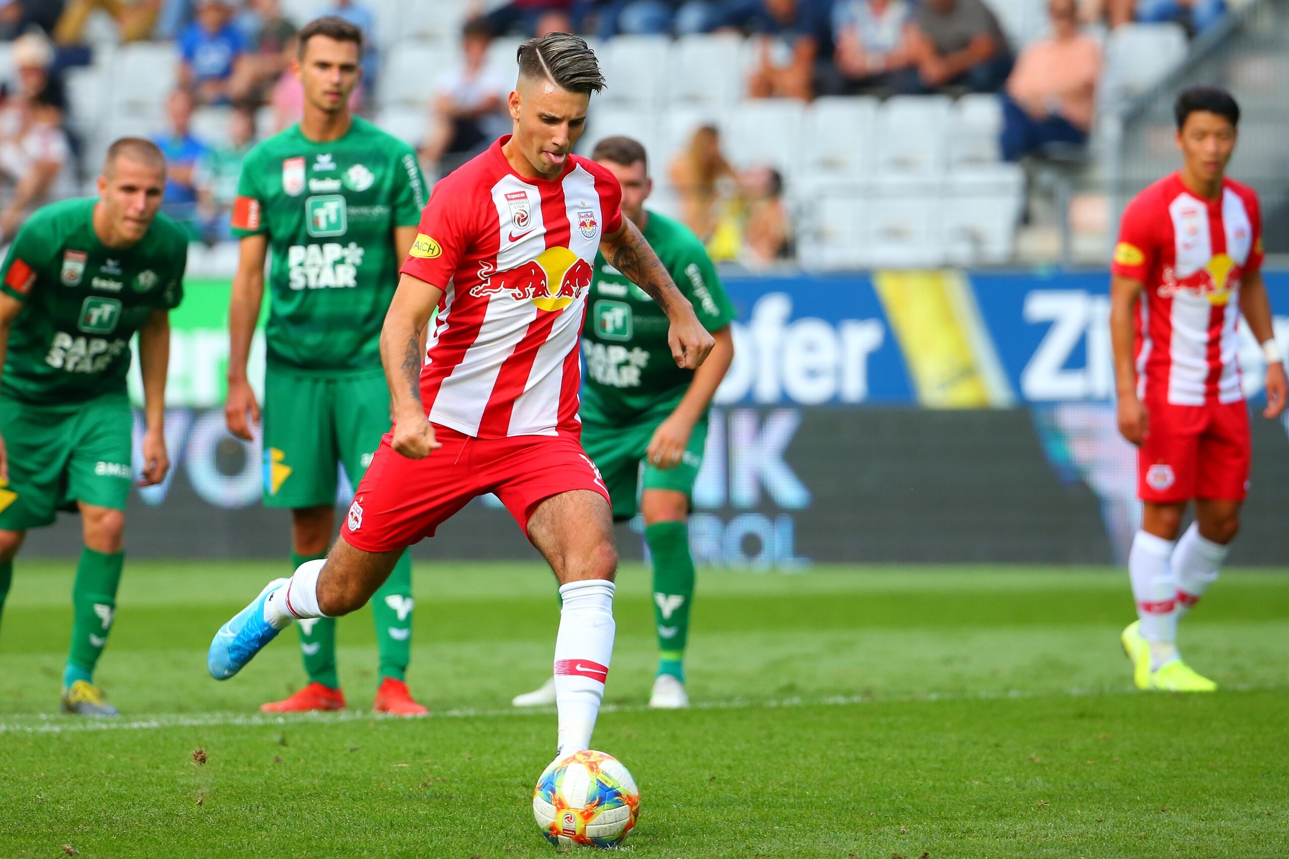 INNSBRUCK, AUSTRIA - AUGUST 31: penalty of Dominik Szoboszlai of Salzburg during the tipico Bundesliga match between WSG Swarovski Tirol and FC Red Bull Salzburg at Tivoli Stadion on August 31, 2019 in Innsbruck, Austria. (Photo by David Geieregger/SEPA.M