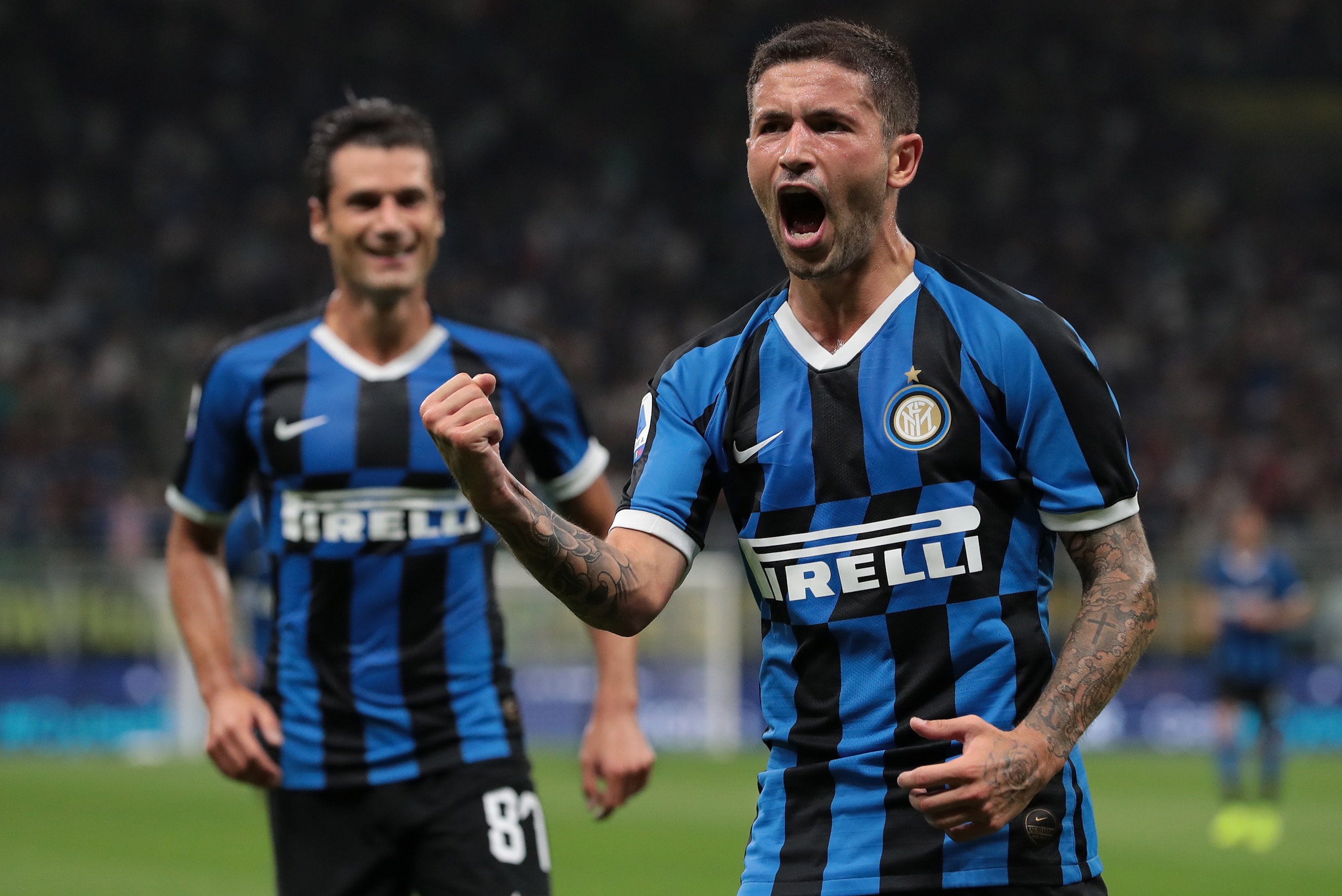 MILAN, ITALY - AUGUST 26:  Stefano Sensi of FC Internazionale celebrates his goal during the Serie A match between FC Internazionale and US Lecce at Stadio Giuseppe Meazza on August 26, 2019 in Milan, Italy.  (Photo by Emilio Andreoli/Getty Images)