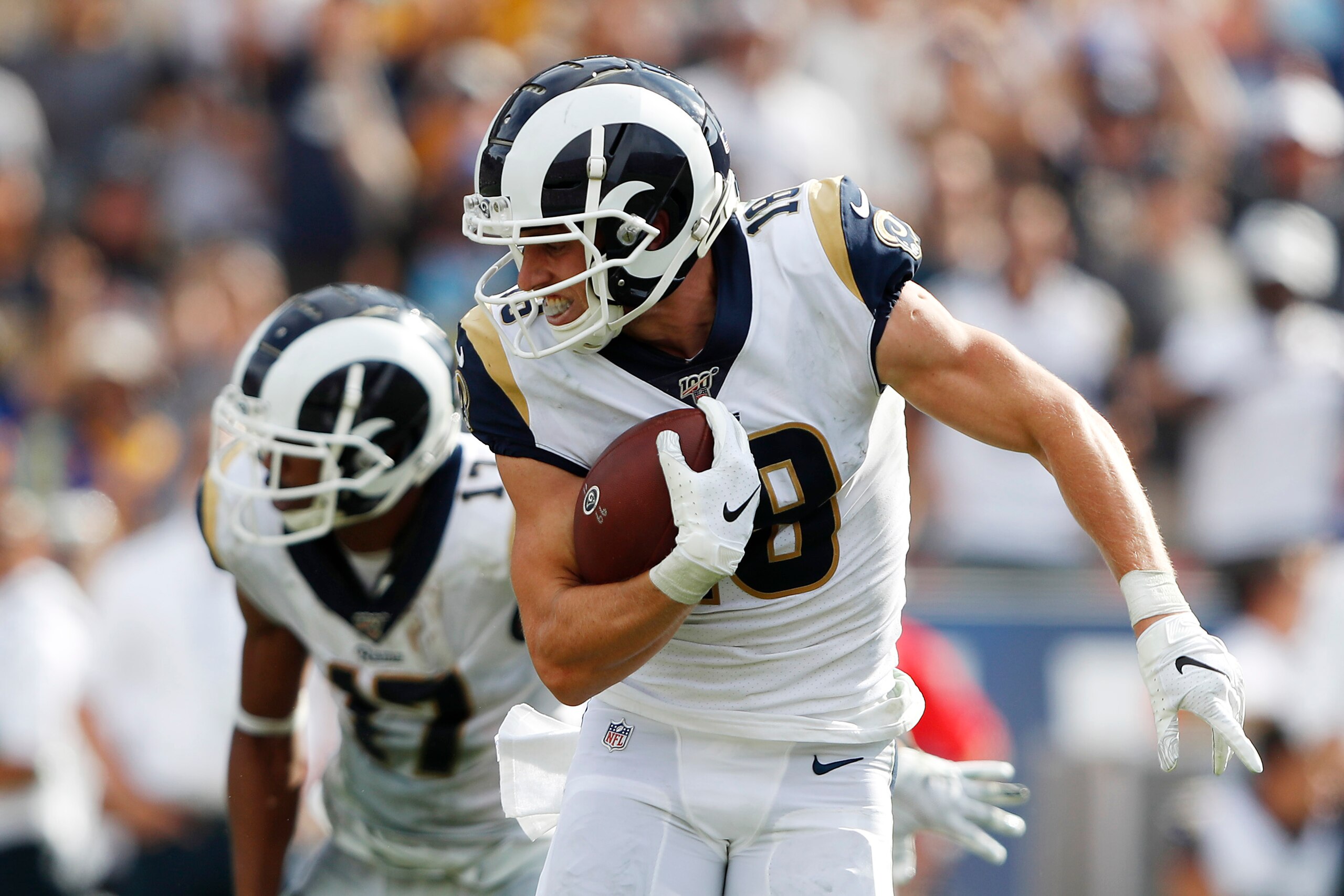 LOS ANGELES, CALIFORNIA - SEPTEMBER 15: Cooper Kupp #18 of the Los Angeles Rams runs on a 67-yard reception during the fourth quarter against the New Orleans Saints in the game at Los Angeles Memorial Coliseum on September 15, 2019 in Los Angeles, Califor
