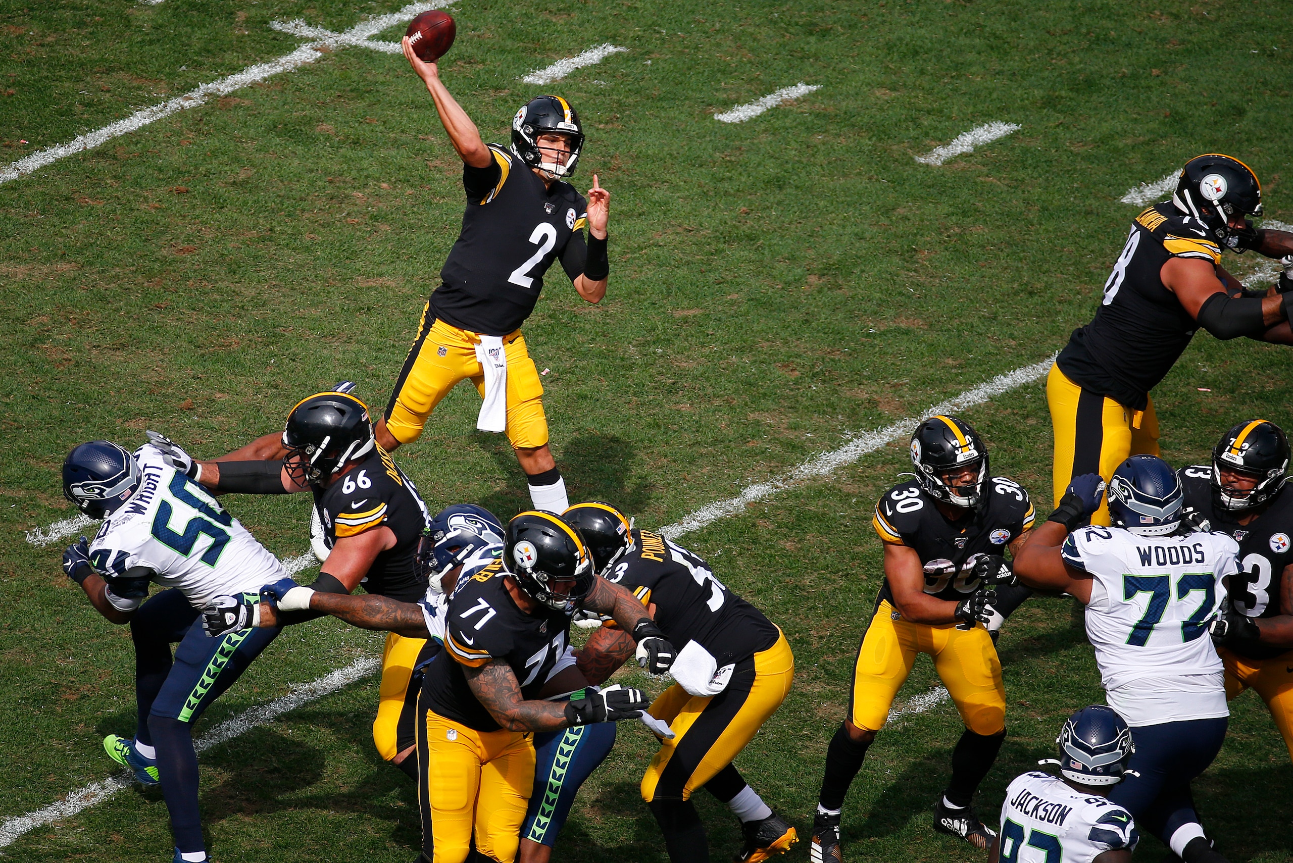 PITTSBURGH, PA - SEPTEMBER 15:  Mason Rudolph #2 of the Pittsburgh Steelers passes against the Seattle Seahawks on September 15, 2019 at Heinz Field in Pittsburgh, Pennsylvania.  (Photo by Justin K. Aller/Getty Images)