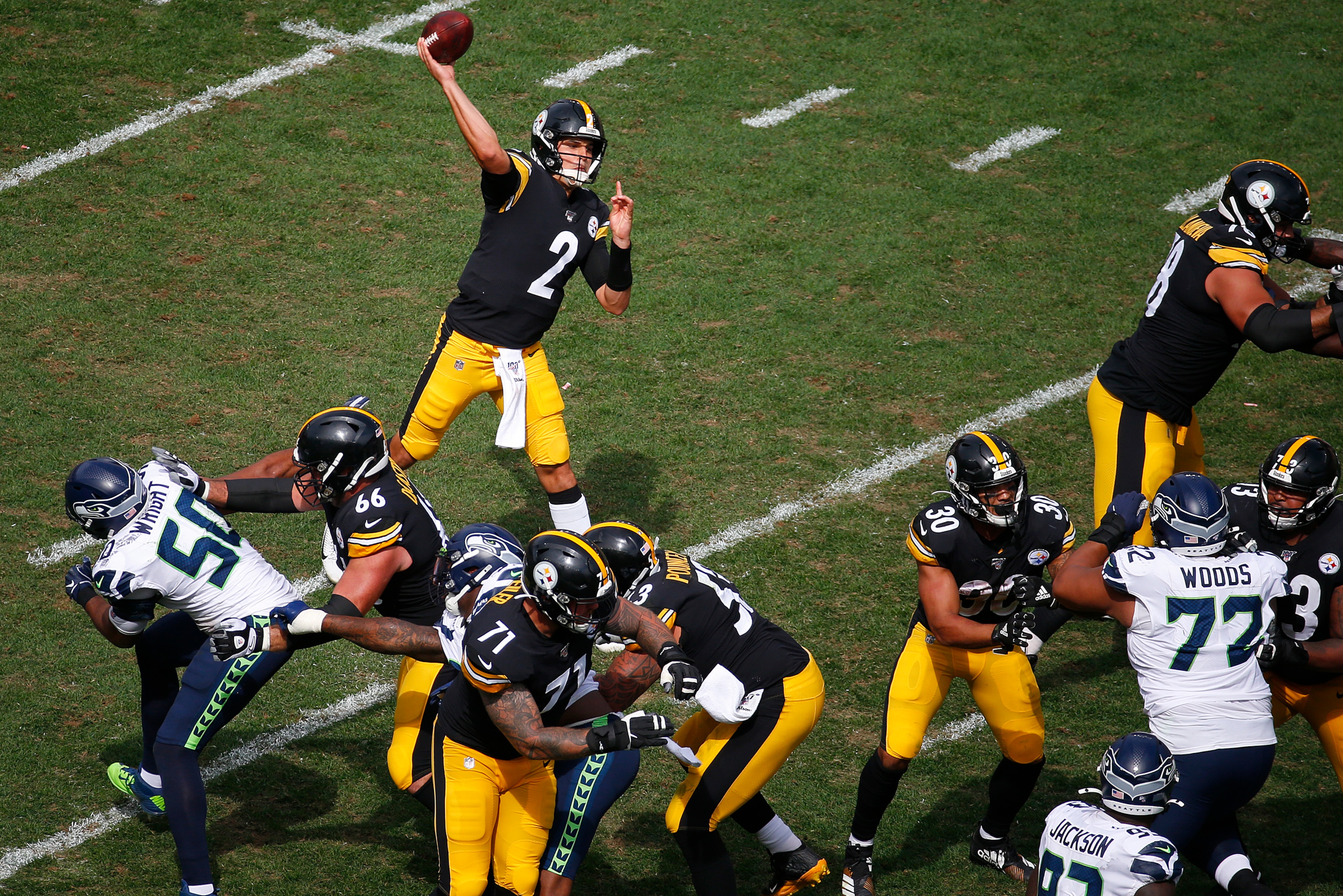 PITTSBURGH, PA - SEPTEMBER 15:  Mason Rudolph #2 of the Pittsburgh Steelers passes against the Seattle Seahawks on September 15, 2019 at Heinz Field in Pittsburgh, Pennsylvania.  (Photo by Justin K. Aller/Getty Images)