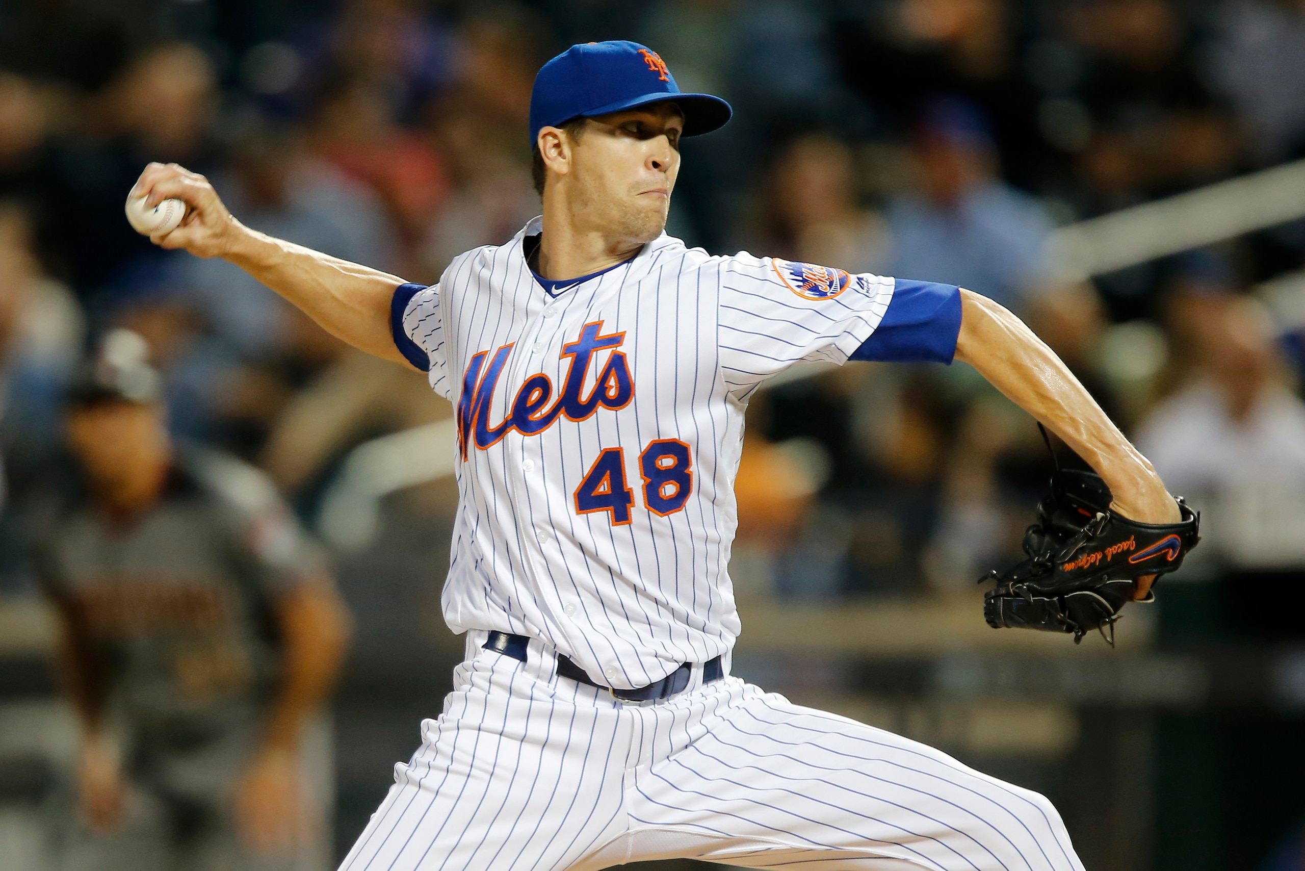 NEW YORK, NEW YORK - SEPTEMBER 09:   Jacob deGrom #48 of the New York Mets in action against the Arizona Diamondbacks at Citi Field on September 09, 2019 in New York City. The Mets defeated the Diamondbacks 3-1.  (Photo by Jim McIsaac/Getty Images)