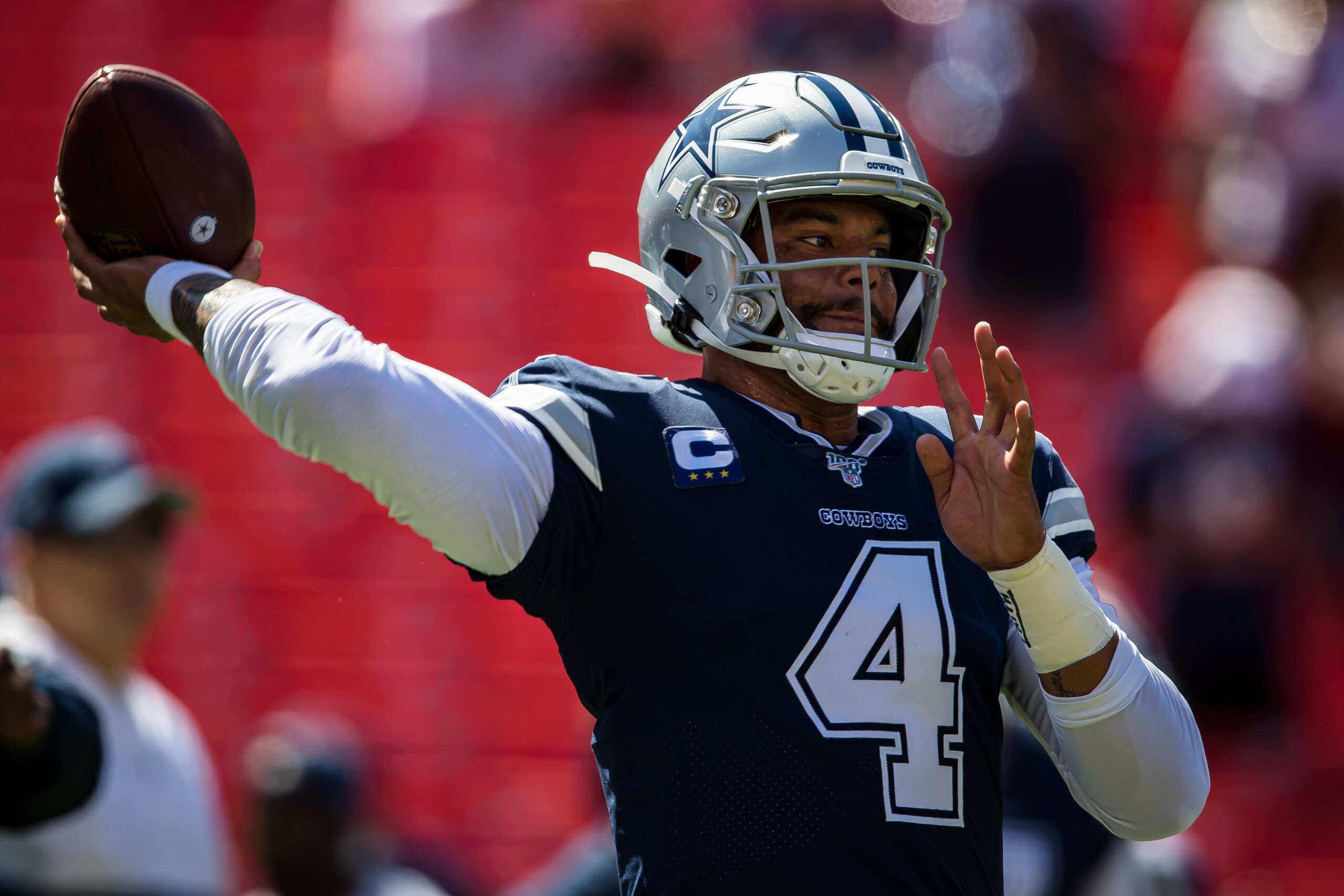 LANDOVER, MD - SEPTEMBER 15: Dak Prescott #4 of the Dallas Cowboys throws before the game against the Washington Redskins at FedExField on September 15, 2019 in Landover, Maryland. (Photo by Scott Taetsch/Getty Images)
