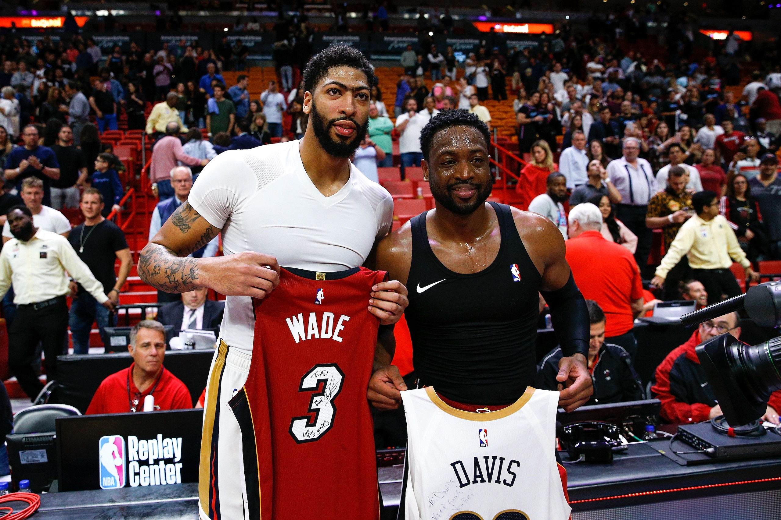 MIAMI, FL - NOVEMBER 30: Dwyane Wade #3 of the Miami Heat exchanges jerseys with Anthony Davis #23 of the New Orleans Pelicans after the game at American Airlines Arena on November 30, 2018 in Miami, Florida. NOTE TO USER: User expressly acknowledges and MIAMI, FL - NOVEMBER 30: Dwyane Wade #3 of the Miami Heat exchanges jerseys with Anthony Davis #23 of the New Orleans Pelicans after the game at American Airlines Arena on November 30, 2018 in Miami, Florida. NOTE TO USER: User expressly acknowledges and