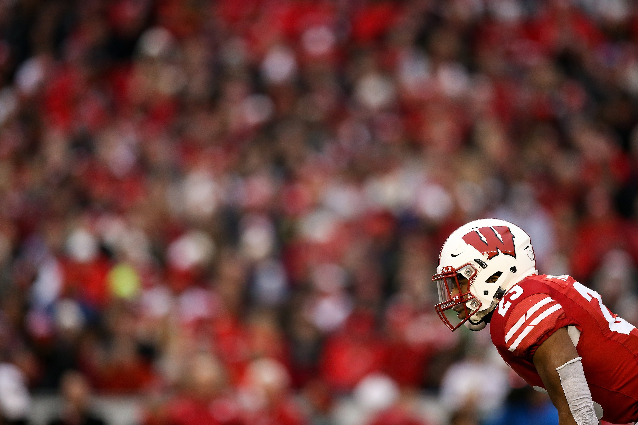 MADISON, WISCONSIN - NOVEMBER 24:  Jonathan Taylor #23 of the Wisconsin Badgers lines up for a play in the first quarter against the Minnesota Golden Gophers at Camp Randall Stadium on November 24, 2018 in Madison, Wisconsin. (Photo by Dylan Buell/Getty I