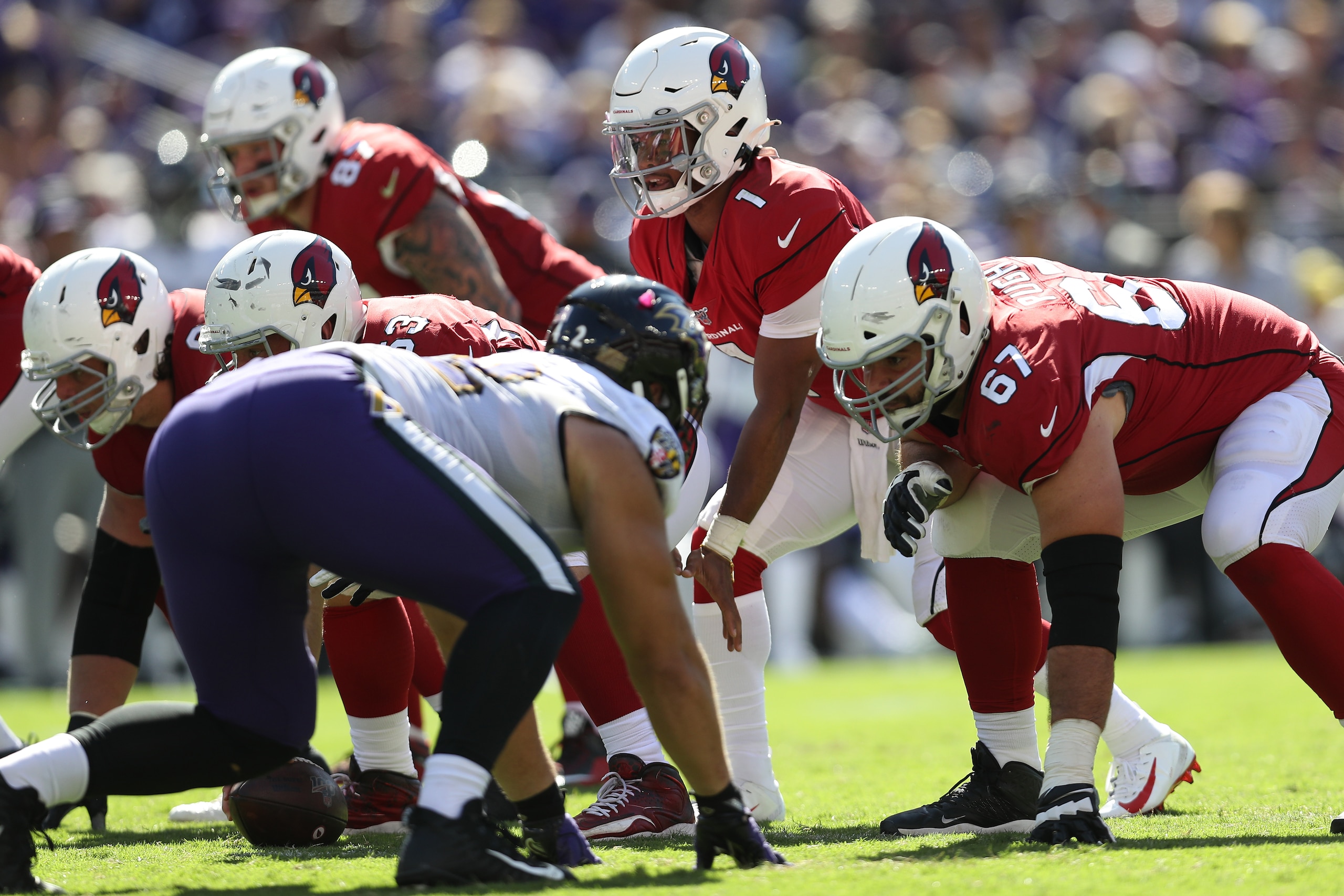 BALTIMORE, MARYLAND - SEPTEMBER 15: Quarterback Kyler Murray #1 of the Arizona Cardinals in action against the Baltimore Ravens during the second half at M&T Bank Stadium on September 15, 2019 in Baltimore, Maryland. (Photo by Patrick Smith/Getty Images)