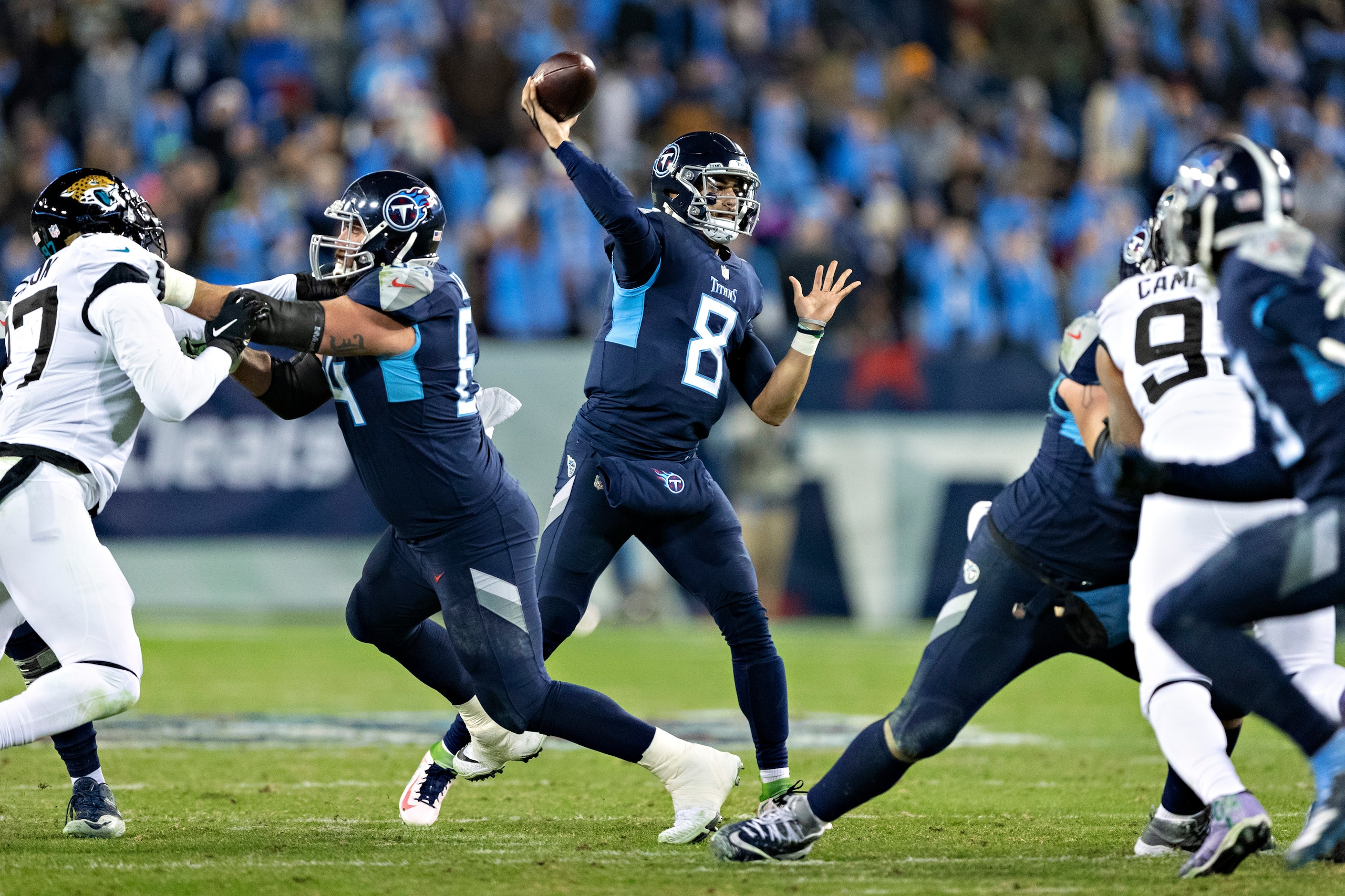 NASHVILLE, TN - DECEMBER 6:  Marcus Mariota #8 of the Tennessee Titans throws a pass during a game against the Jacksonville Jaguars at Nissan Stadium on December 6, 2018 in Nashville,Tennessee.  The Titans defeated the Jaguars 30-9.   (Photo by Wesley Hit