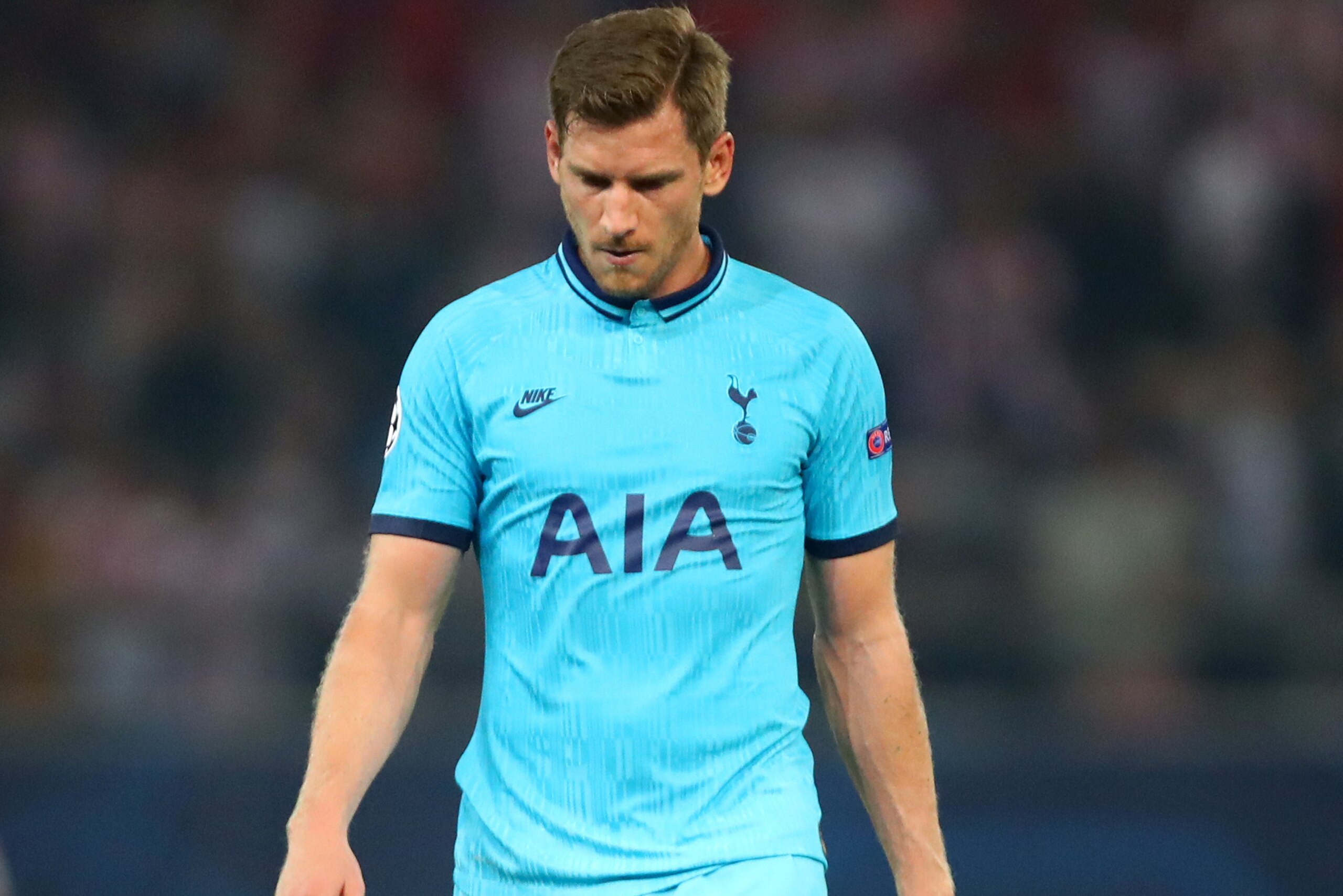 PIRAEUS, GREECE - SEPTEMBER 18: Jan Vertonghen of Tottenham Hotspur reacts following the UEFA Champions League group B match between Olympiacos FC and Tottenham Hotspur at Karaiskakis Stadium on September 18, 2019 in Piraeus, Greece. (Photo by Dean Mouhta