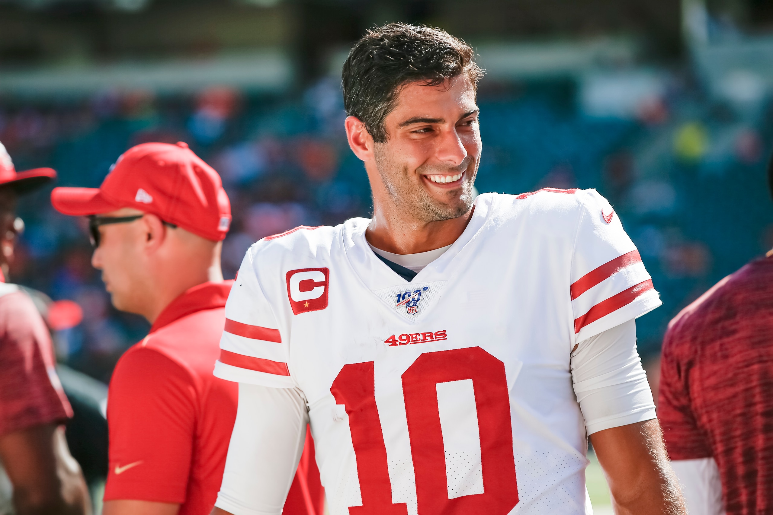 CINCINNATI, OH - SEPTEMBER 15: Jimmy Garoppolo #10 of the San Francisco 49ers is seen during the game against the Cincinnati Bengals at Paul Brown Stadium on September 15, 2019 in Cincinnati, Ohio. (Photo by Michael Hickey/Getty Images)