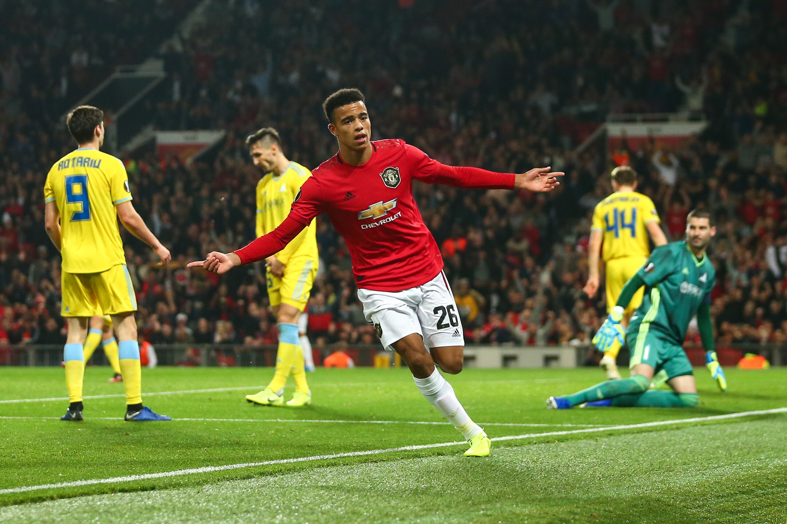 MANCHESTER, ENGLAND - SEPTEMBER 19: Mason Greenwood of Manchester United celebrates after scoring a goal to make it 1-0 during the UEFA Europa League group L match between Manchester United and FK Astana at Old Trafford on September 19, 2019 in Manchester
