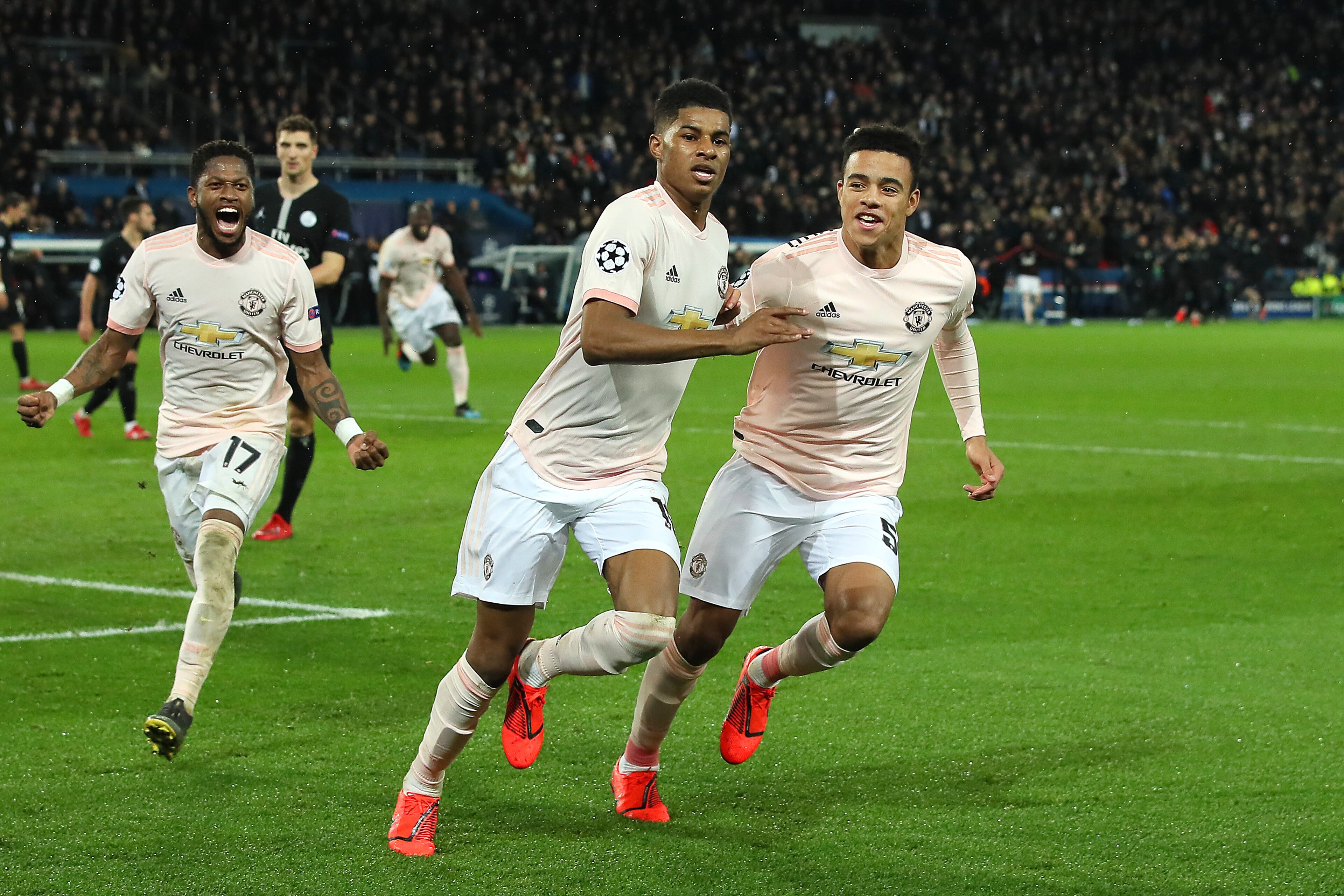 PARIS, FRANCE - MARCH 06: Marcus Rashford of Manchester United celebrates scoring a goal to make the score 1-3 with Mason Greenwood during the UEFA Champions League Round of 16 Second Leg match between Paris Saint-Germain and Manchester United at Parc de PARIS, FRANCE - MARCH 06: Marcus Rashford of Manchester United celebrates scoring a goal to make the score 1-3 with Mason Greenwood during the UEFA Champions League Round of 16 Second Leg match between Paris Saint-Germain and Manchester United at Parc de