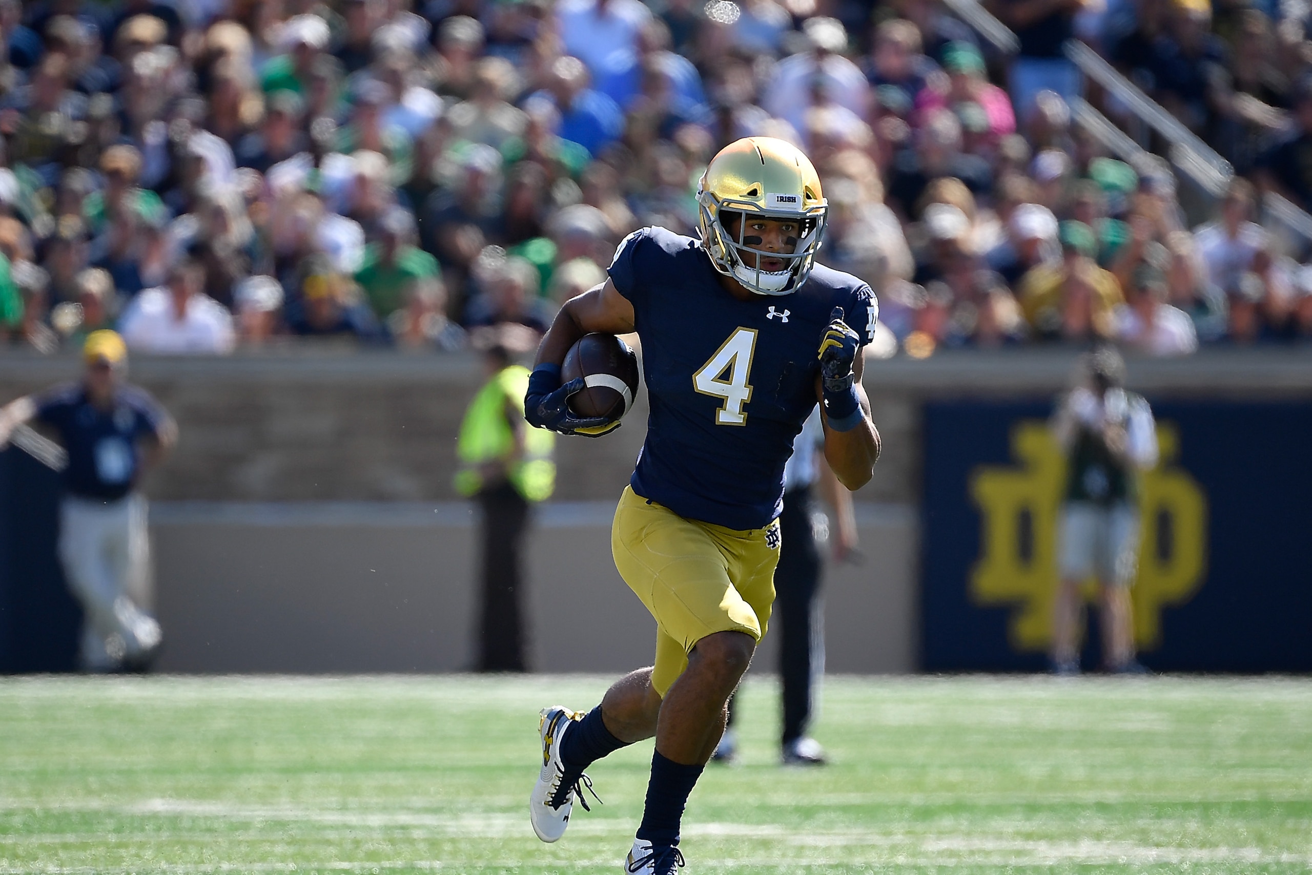SOUTH BEND, INDIANA - SEPTEMBER 14: Kevin Austin Jr. #4 of the Notre Dame Fighting Irish runs a touchdown against the New Mexico Lobos at Notre Dame Stadium on September 14, 2019 in South Bend, Indiana. (Photo by Quinn Harris/Getty Images)