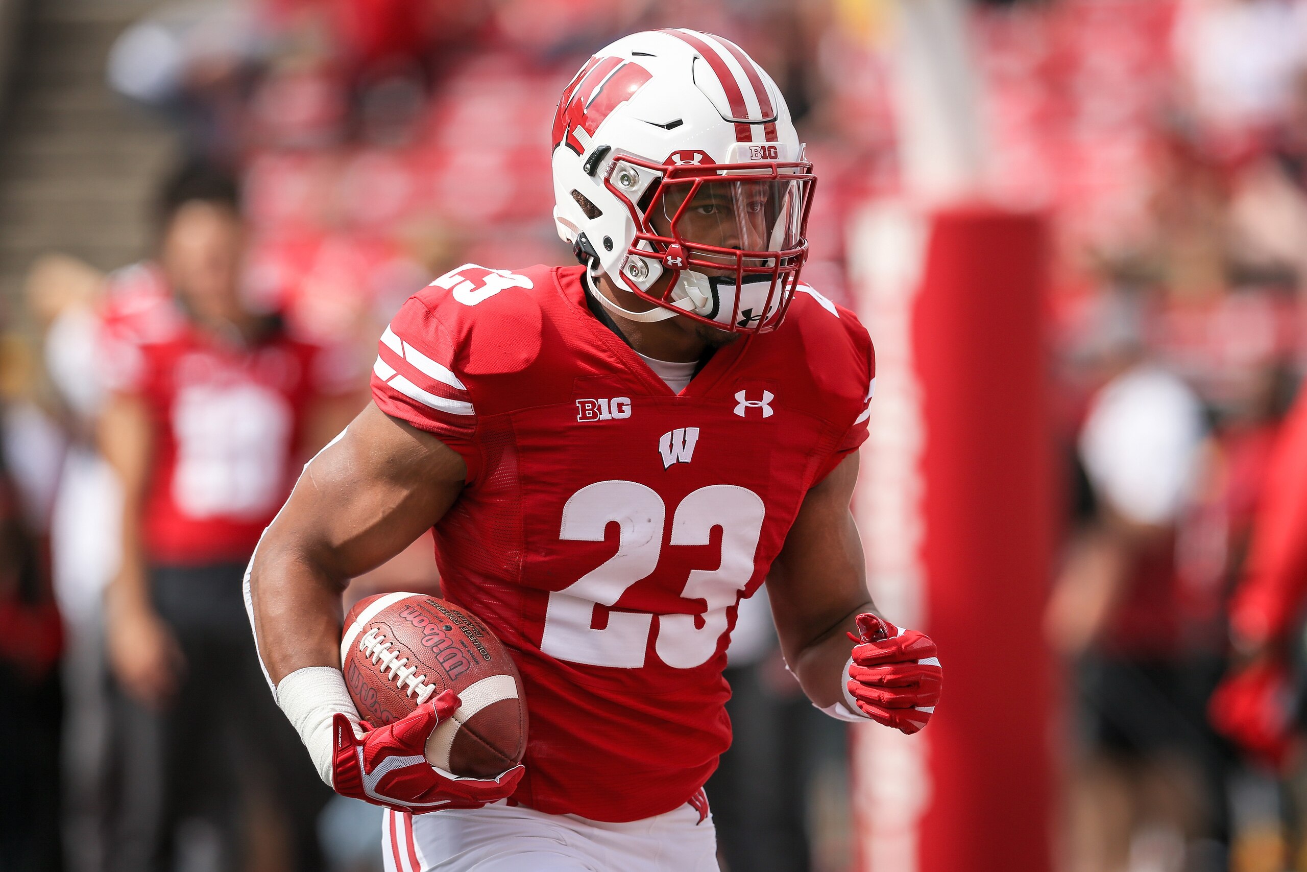 MADISON, WISCONSIN - SEPTEMBER 07:  Jonathan Taylor #23 of the Wisconsin Badgers warms up before the game against the Central Michigan Chippewas at Camp Randall Stadium on September 07, 2019 in Madison, Wisconsin. (Photo by Dylan Buell/Getty Images)
