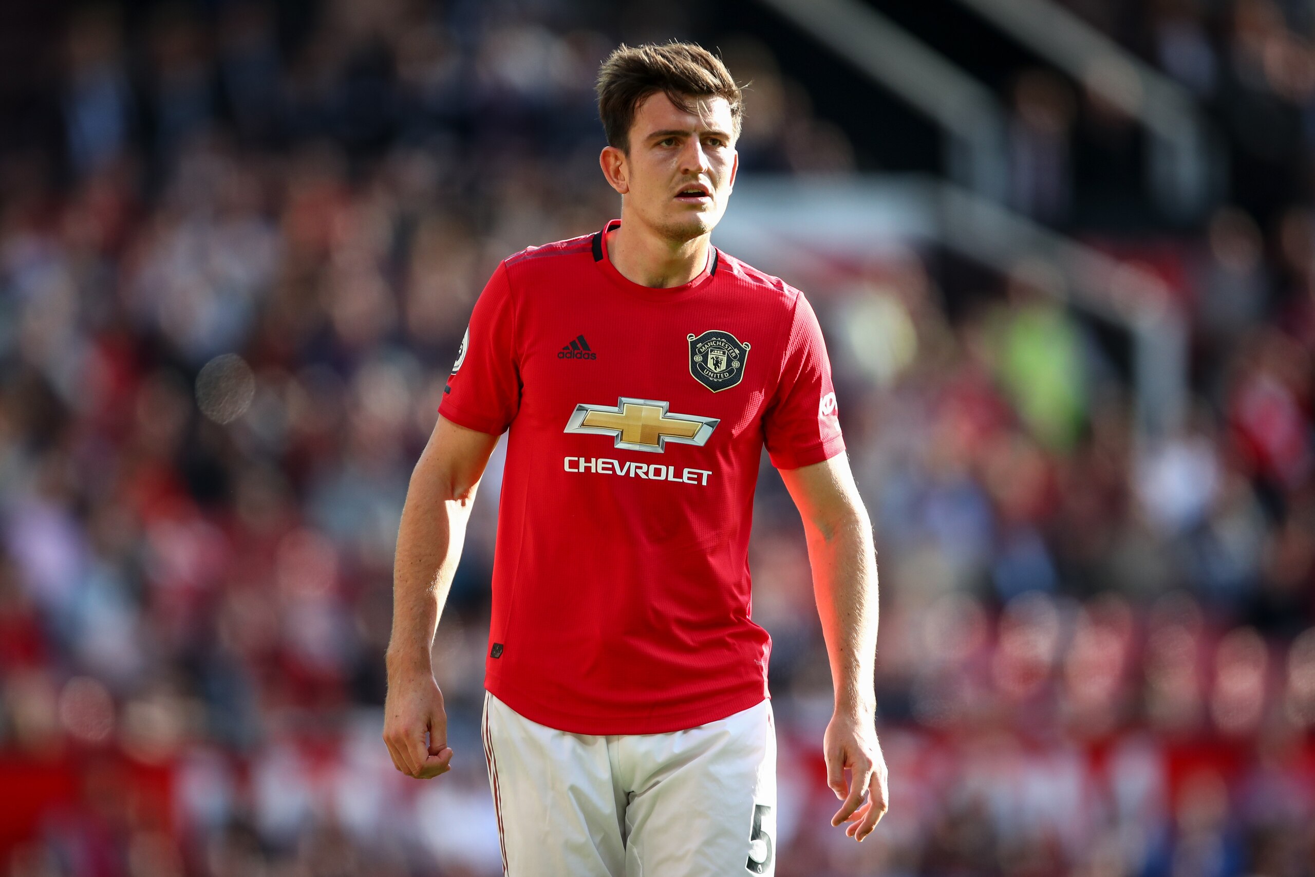 MANCHESTER, ENGLAND - SEPTEMBER 14: Harry Maguire of Manchester United during the Premier League match between Manchester United and Leicester City at Old Trafford on September 14, 2019 in Manchester, United Kingdom. (Photo by Robbie Jay Barratt - AMA/Get MANCHESTER, ENGLAND - SEPTEMBER 14: Harry Maguire of Manchester United during the Premier League match between Manchester United and Leicester City at Old Trafford on September 14, 2019 in Manchester, United Kingdom. (Photo by Robbie Jay Barratt - AMA/Get