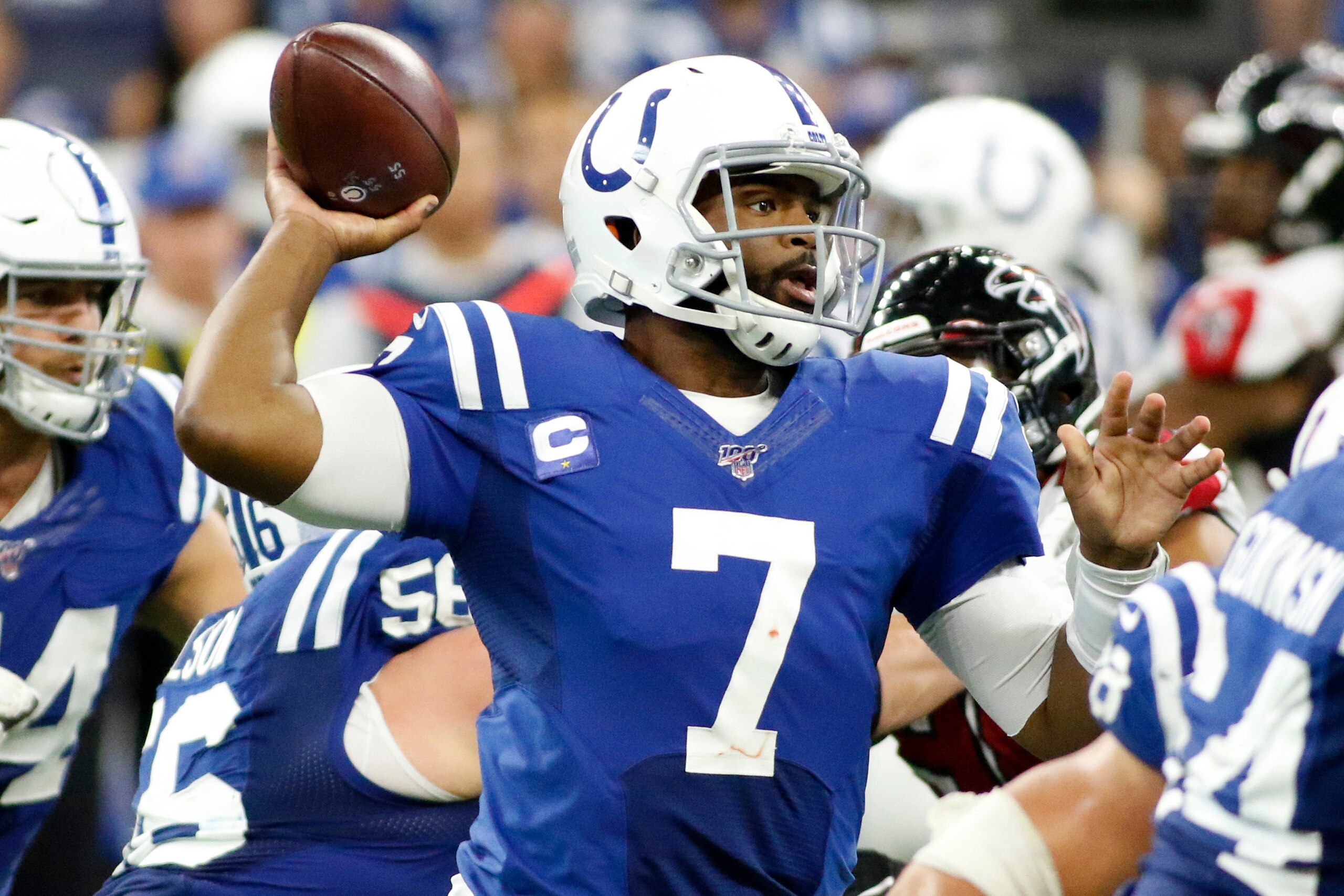 INDIANAPOLIS, INDIANA - SEPTEMBER 22: Jacoby Brissett #7 of the Indianapolis Colts throws a pass during the third quarter in the game against the Atlanta Falcons at Lucas Oil Stadium on September 22, 2019 in Indianapolis, Indiana. (Photo by Justin Casterl