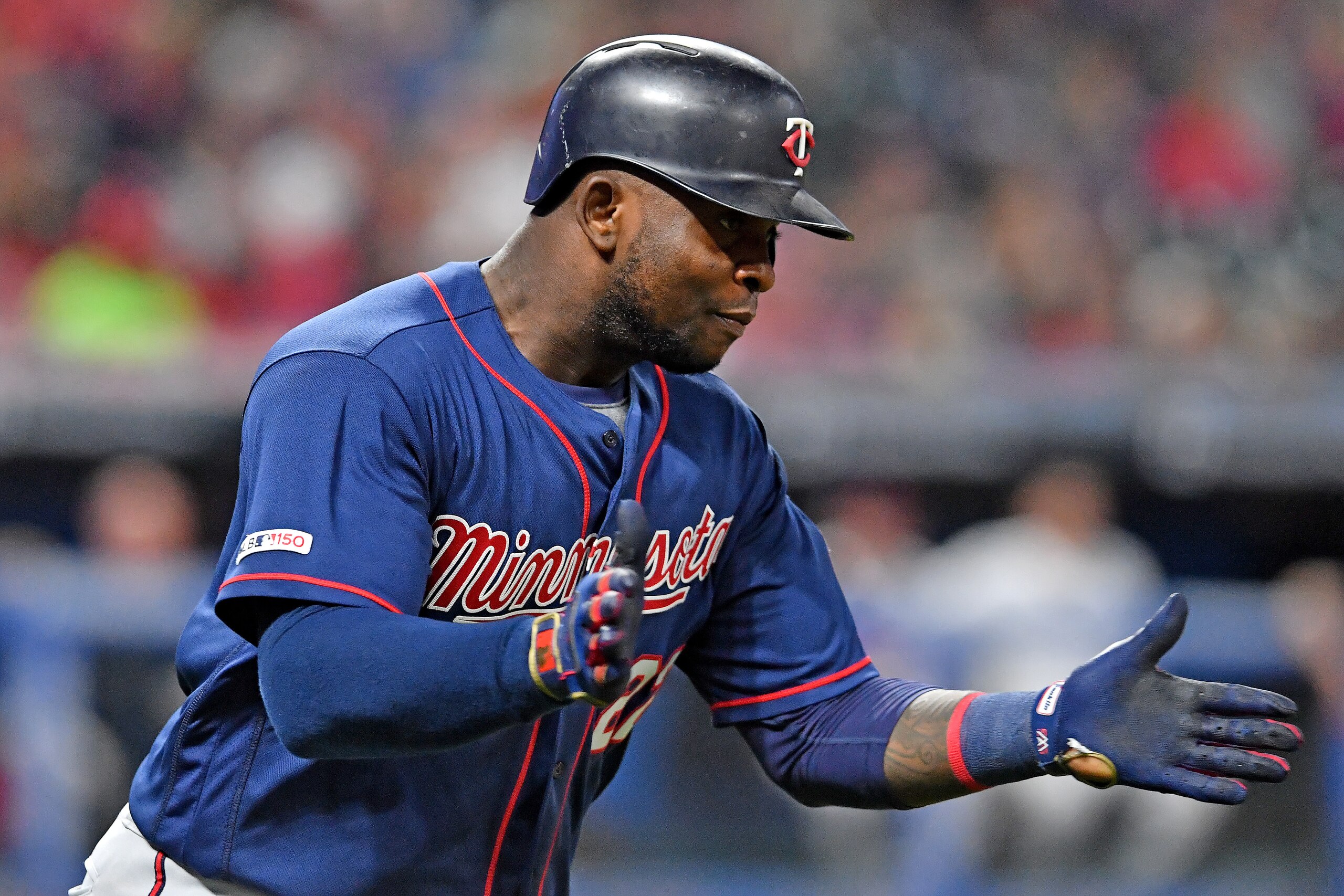 CLEVELAND, OHIO - SEPTEMBER 14: Miguel Sano #22 of the Minnesota Twins celebrates as he rounds the bases after hitting a grand slam home run during the eighth inning of the second game of a double header against the Cleveland Indians at Progressive Field CLEVELAND, OHIO - SEPTEMBER 14: Miguel Sano #22 of the Minnesota Twins celebrates as he rounds the bases after hitting a grand slam home run during the eighth inning of the second game of a double header against the Cleveland Indians at Progressive Field