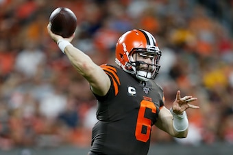 CLEVELAND, OH - SEPTEMBER 22:  Baker Mayfield #6 of the Cleveland Browns throws a pass during the third quarter of the game against the Los Angeles Rams at FirstEnergy Stadium on September 22, 2019 in Cleveland, Ohio. (Photo by Kirk Irwin/Getty Images)