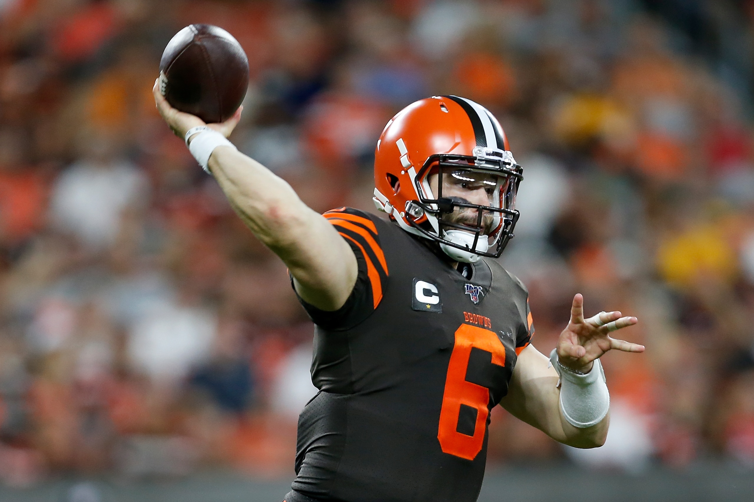 CLEVELAND, OH - SEPTEMBER 22:  Baker Mayfield #6 of the Cleveland Browns throws a pass during the third quarter of the game against the Los Angeles Rams at FirstEnergy Stadium on September 22, 2019 in Cleveland, Ohio. (Photo by Kirk Irwin/Getty Images)