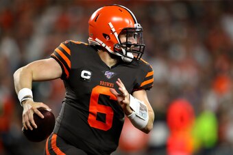 CLEVELAND, OHIO - SEPTEMBER 22: Quarterback Baker Mayfield #6 of the Cleveland Browns looks to pass against the Los Angeles Rams during the second quarter of the game at FirstEnergy Stadium on September 22, 2019 in Cleveland, Ohio. (Photo by Gregory Shamu