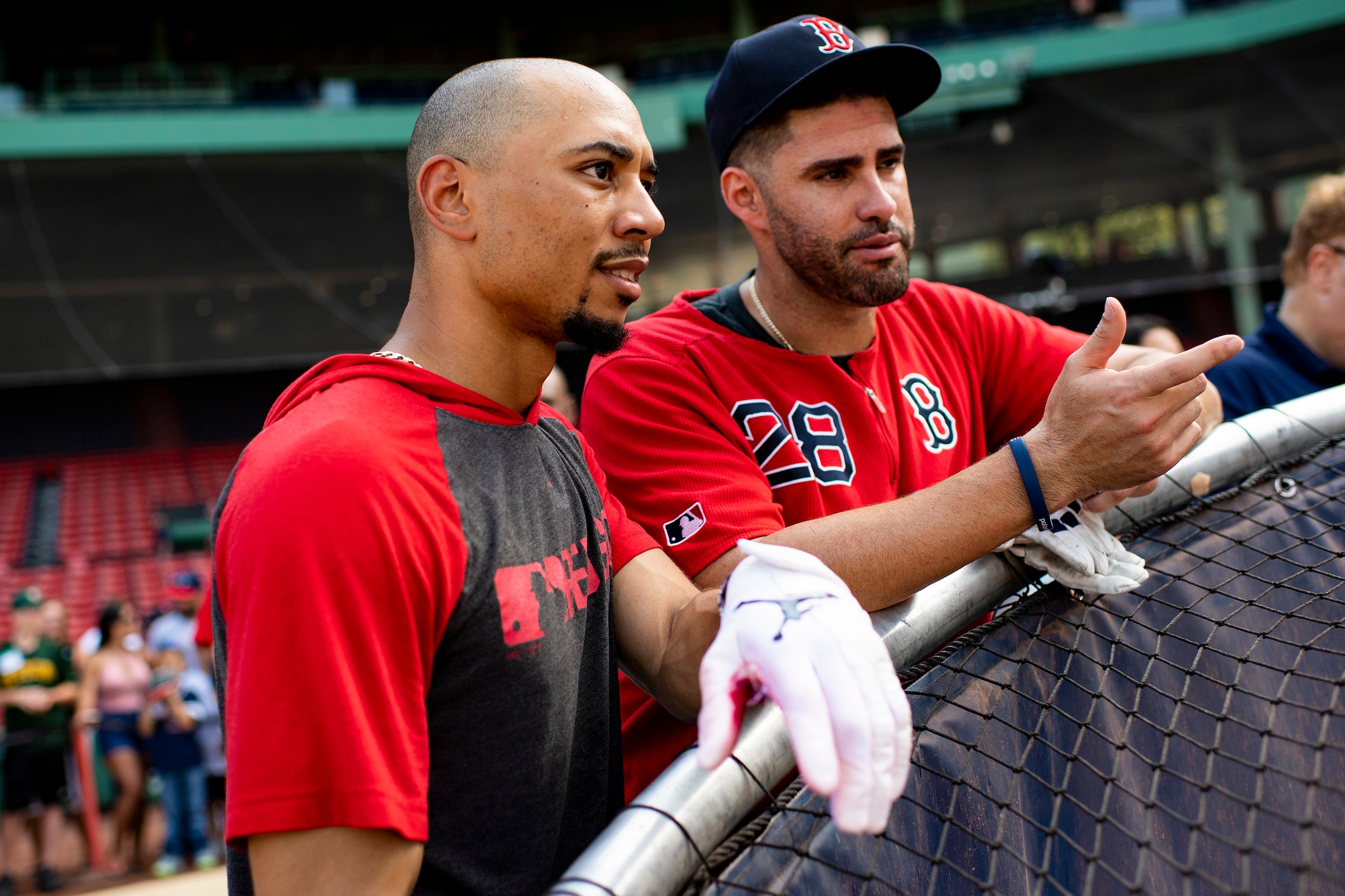 BOSTON, MA - JULY 28: Mookie Betts #50 talks with J.D. Martinez #28 of the Boston Red Sox before a game against the New York Yankees on July 28, 2019 at Fenway Park in Boston, Massachusetts. (Photo by Billie Weiss/Boston Red Sox/Getty Images)