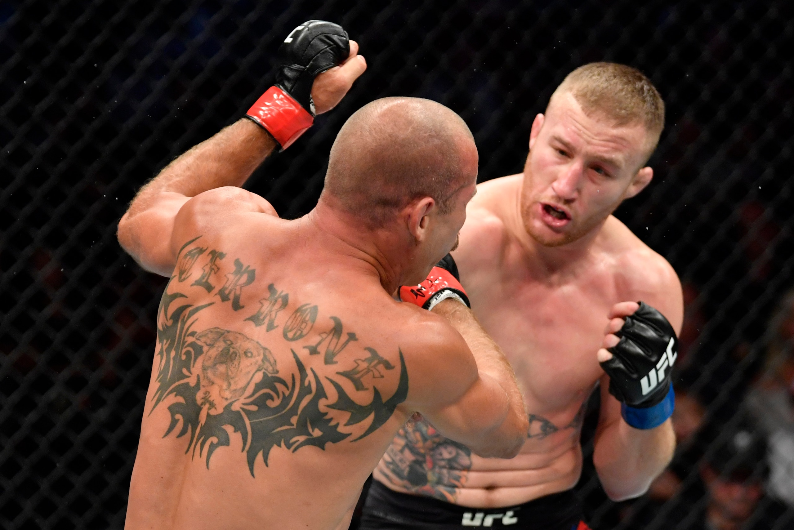 VANCOUVER, BRITISH COLUMBIA - SEPTEMBER 14: (R-L) Justin Gaethje punches Donald Cerrone in their lightweight bout during the UFC Fight Night event at Rogers Arena on September 14, 2019 in Vancouver, Canada. (Photo by Jeff Bottari/Zuffa LLC/Zuffa LLC) VANCOUVER, BRITISH COLUMBIA - SEPTEMBER 14: (R-L) Justin Gaethje punches Donald Cerrone in their lightweight bout during the UFC Fight Night event at Rogers Arena on September 14, 2019 in Vancouver, Canada. (Photo by Jeff Bottari/Zuffa LLC/Zuffa LLC)