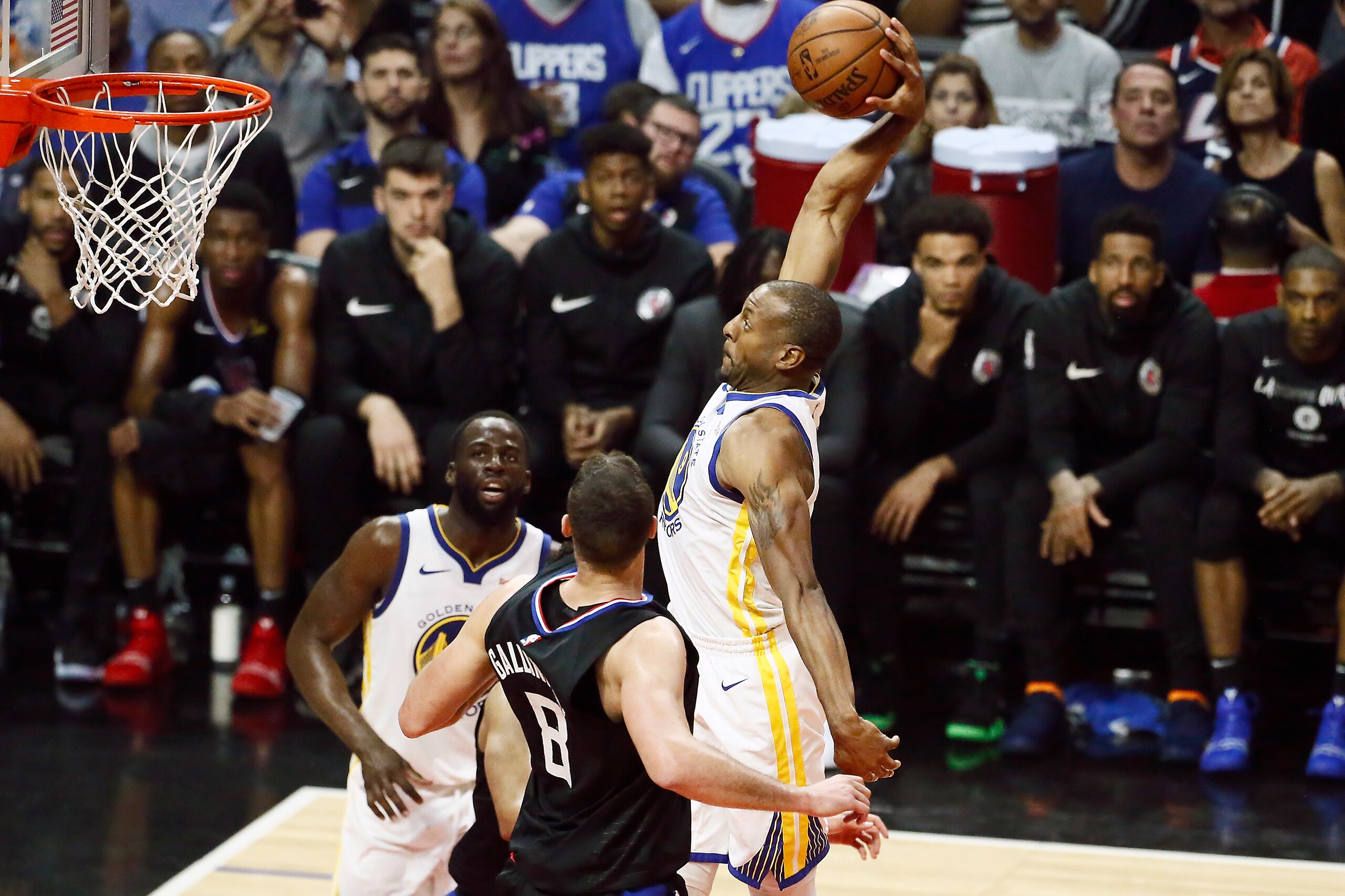LOS ANGELES, CA - APRIL 26: Andre Iguodala #9 of the Golden State Warriors shoots the ball against the LA Clippers during Game Six of Round One of the 2019 NBA Playoffs on April 26, 2019 at STAPLES Center in Los Angeles, California. NOTE TO USER: User exp