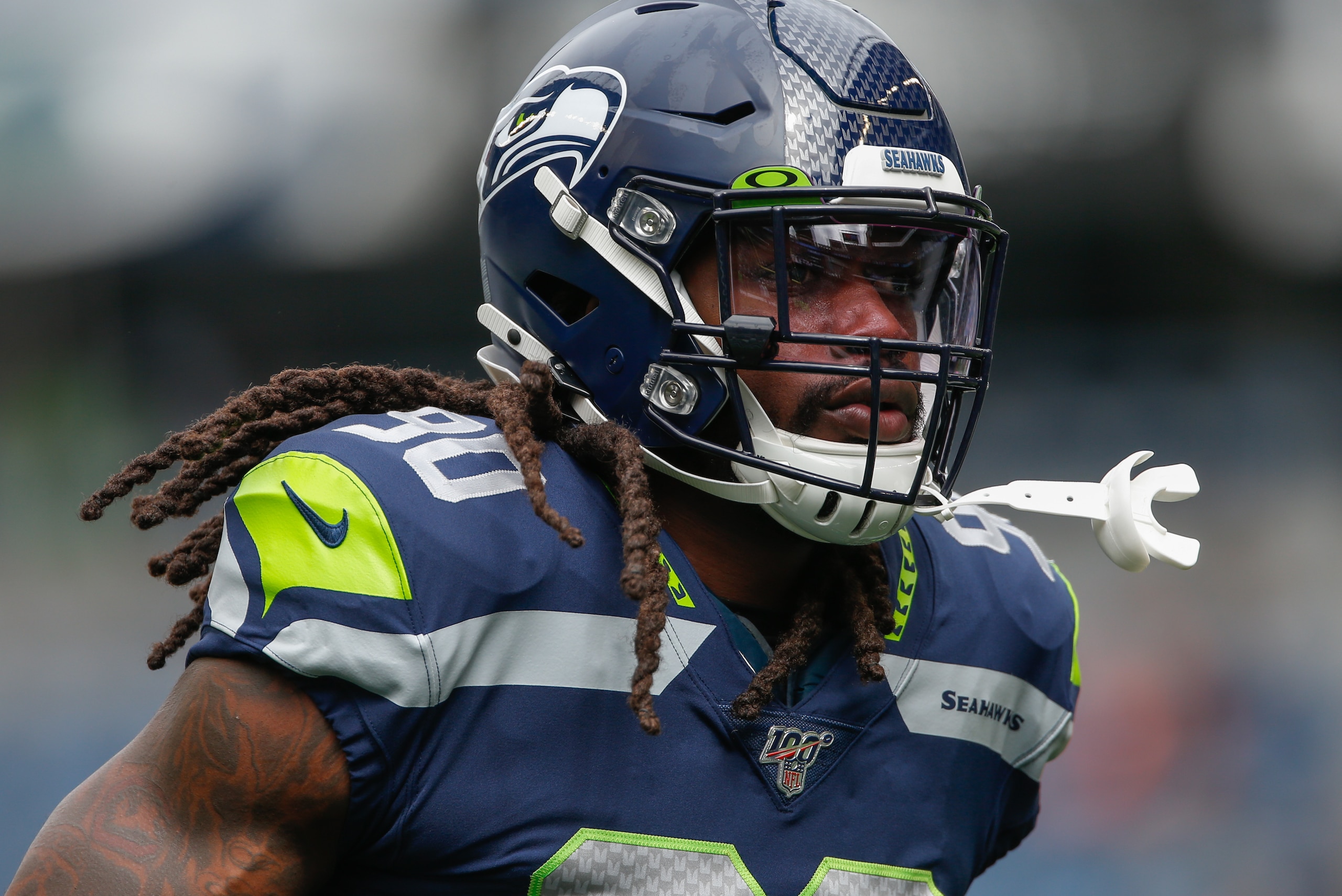 SEATTLE, WA - SEPTEMBER 08:  Defensive end Jadeveon Clowney #90 of the Seattle Seahawks looks on prior to the game against the Cincinnati Bengals at CenturyLink Field on September 8, 2019 in Seattle, Washington.  (Photo by Otto Greule Jr/Getty Images)