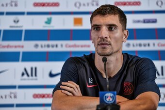 Paris Saint-Germain's Belgian defender Thomas Meunier addresses a press conference at the club's Camp des Loges training grounds in Saint-Germain-en-Laye, west of Paris, on September 24, 2019 on the eve of the L1 football match between Paris Saint-Germain