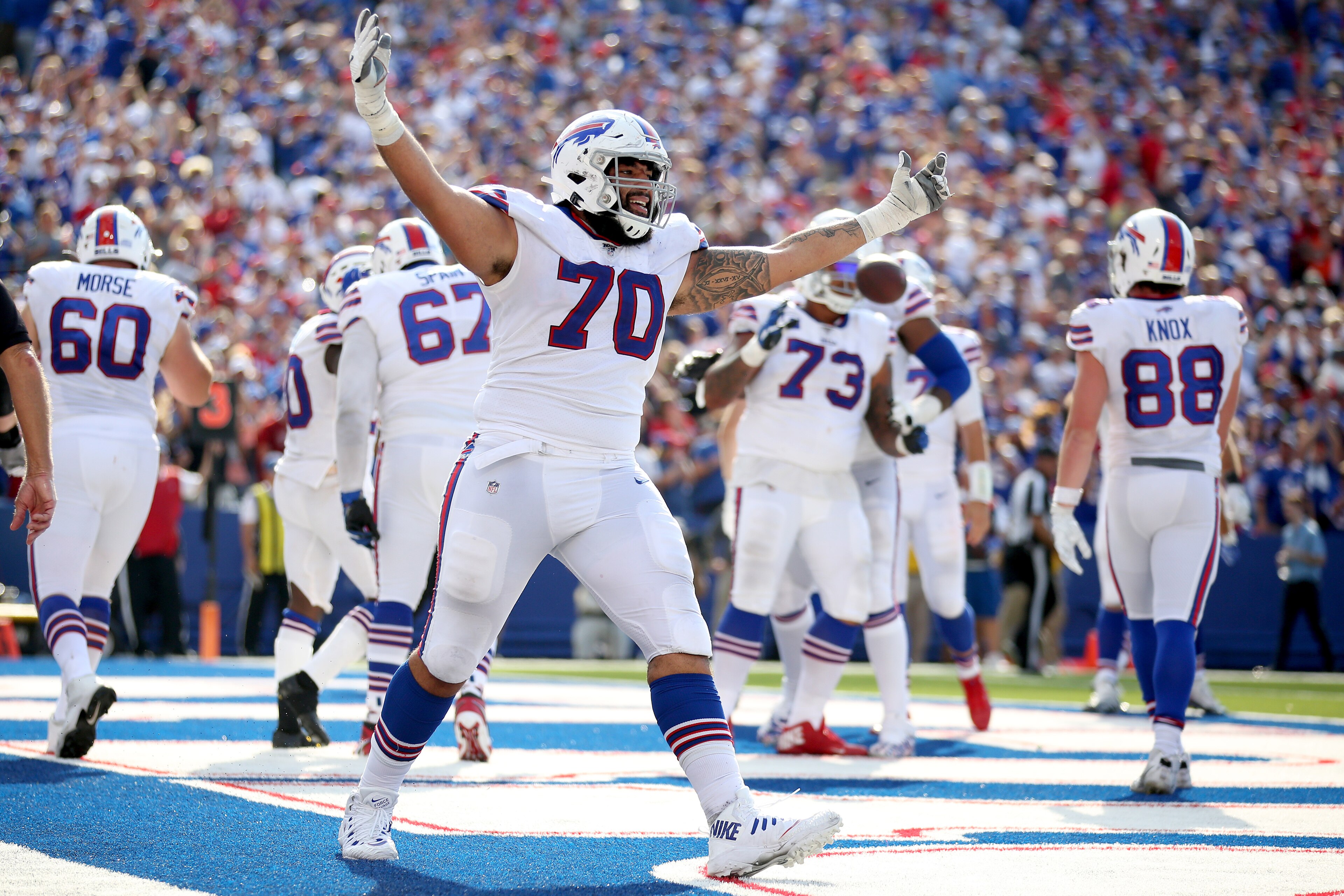 ORCHARD PARK, NEW YORK - SEPTEMBER 22: Cody Ford #70 of the Buffalo Bills celebrates after a touchdown during a game against the Cincinnati Bengals at New Era Field on September 22, 2019 in Orchard Park, New York. (Photo by Bryan M. Bennett/Getty Images) ORCHARD PARK, NEW YORK - SEPTEMBER 22: Cody Ford #70 of the Buffalo Bills celebrates after a touchdown during a game against the Cincinnati Bengals at New Era Field on September 22, 2019 in Orchard Park, New York. (Photo by Bryan M. Bennett/Getty Images)