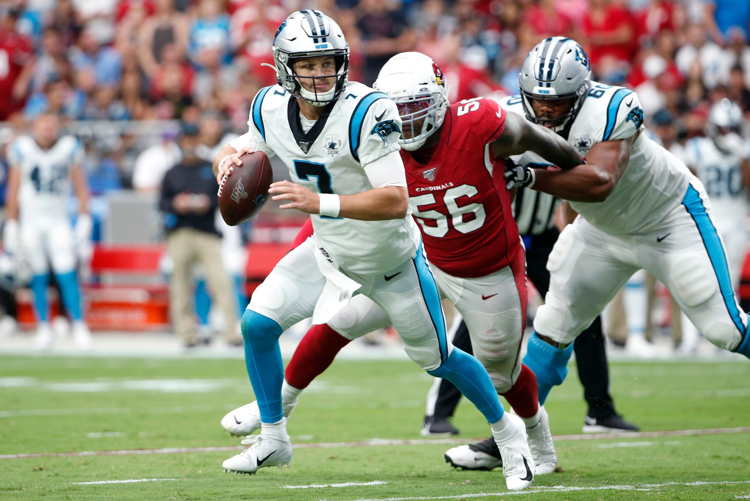GLENDALE, ARIZONA - SEPTEMBER 22: Quarterback Kyle Allen #7 of the Carolina Panthers scrambles away from linebacker Terrell Suggs #56 of of the Arizona Cardinals during the first half of the NFL football game at State Farm Stadium on September 22, 2019 in GLENDALE, ARIZONA - SEPTEMBER 22: Quarterback Kyle Allen #7 of the Carolina Panthers scrambles away from linebacker Terrell Suggs #56 of of the Arizona Cardinals during the first half of the NFL football game at State Farm Stadium on September 22, 2019 in