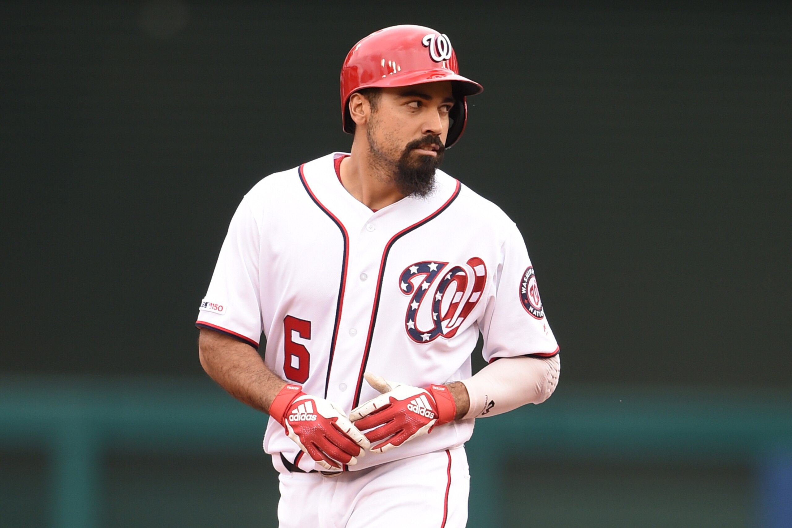 WASHINGTON, DC - SEPTEMBER 14:  Anthony Rendon #6 of the Washington Nationals stands at second base during a baseball game against the Atlanta Braves at Nationals Park on September 14, 2019 in Washington, DC.  (Photo by Mitchell Layton/Getty Images)